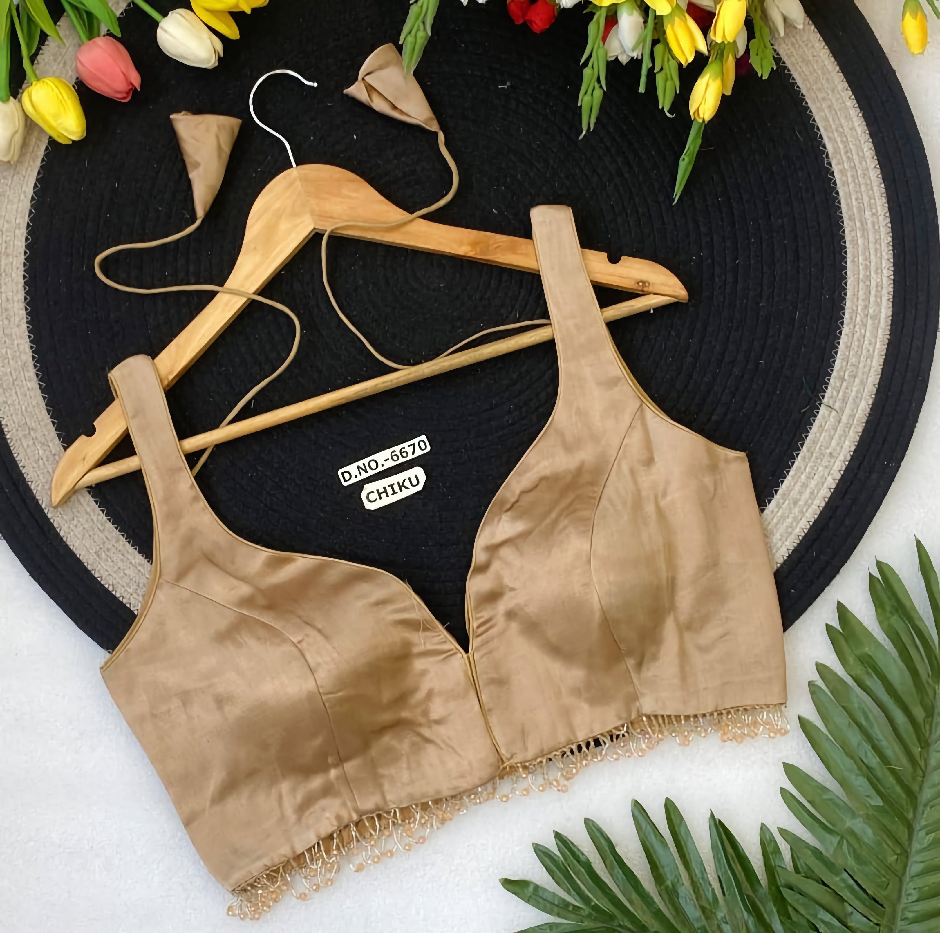 Gaji Silk Plain Sleeveless Saree Blouse | Pearl Bead Fringe Hem Readymade Blouse