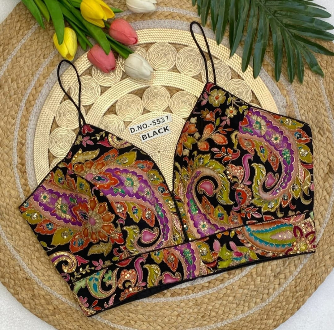 Natural Crepe Spaghetti Strap Saree Blouse | All Over Multicolor Floral Paisley Embroidered Readymade Blouse