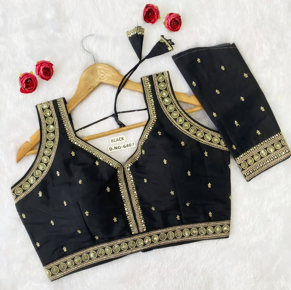 Slub Silk Saree Blouse | Gold Sequin Circular Medallion Border & Buti Work