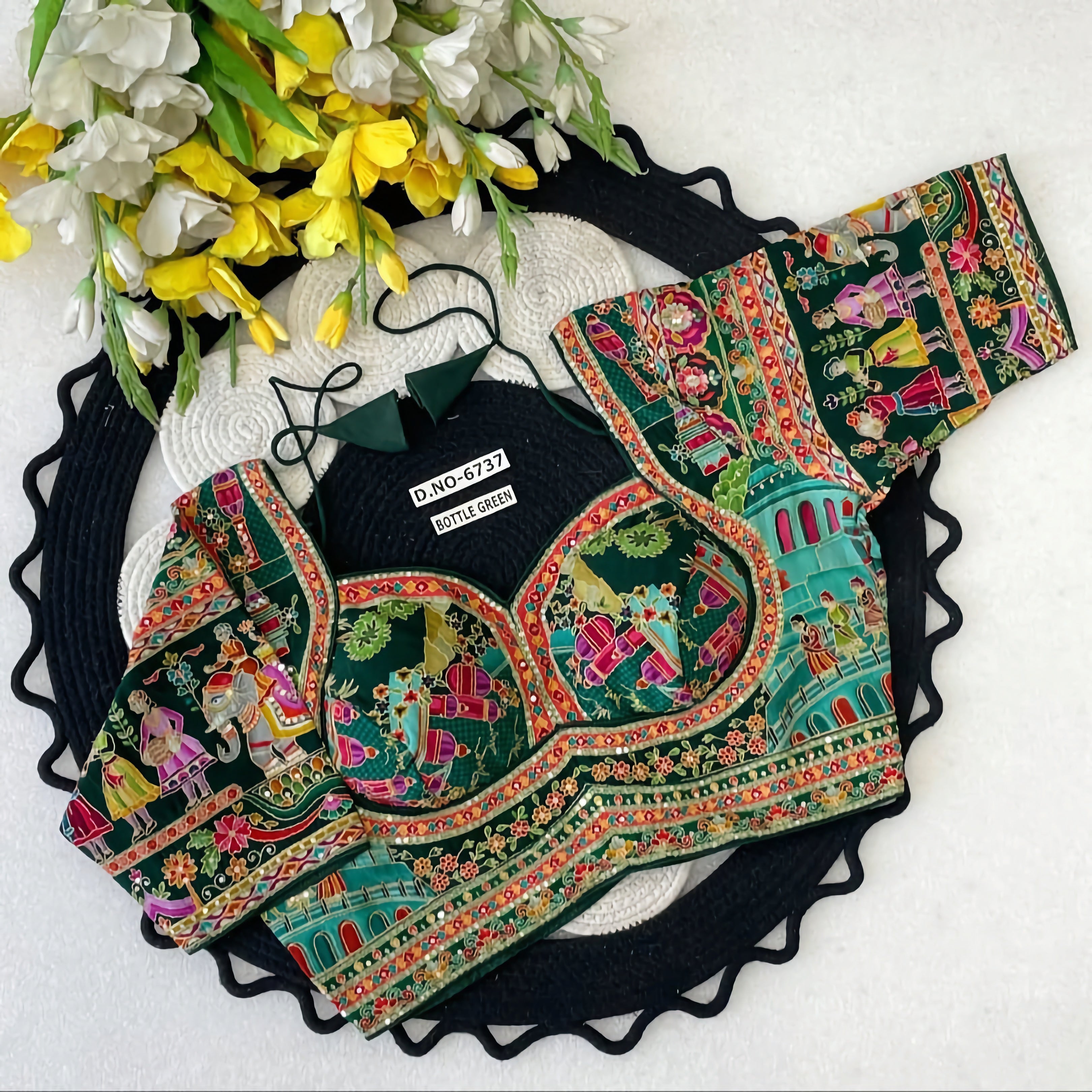 Rajasthani Pichwai Narrative Art Saree Blouse | Royal Elephant Mughal Folk Print Bustier Readymade Blouse