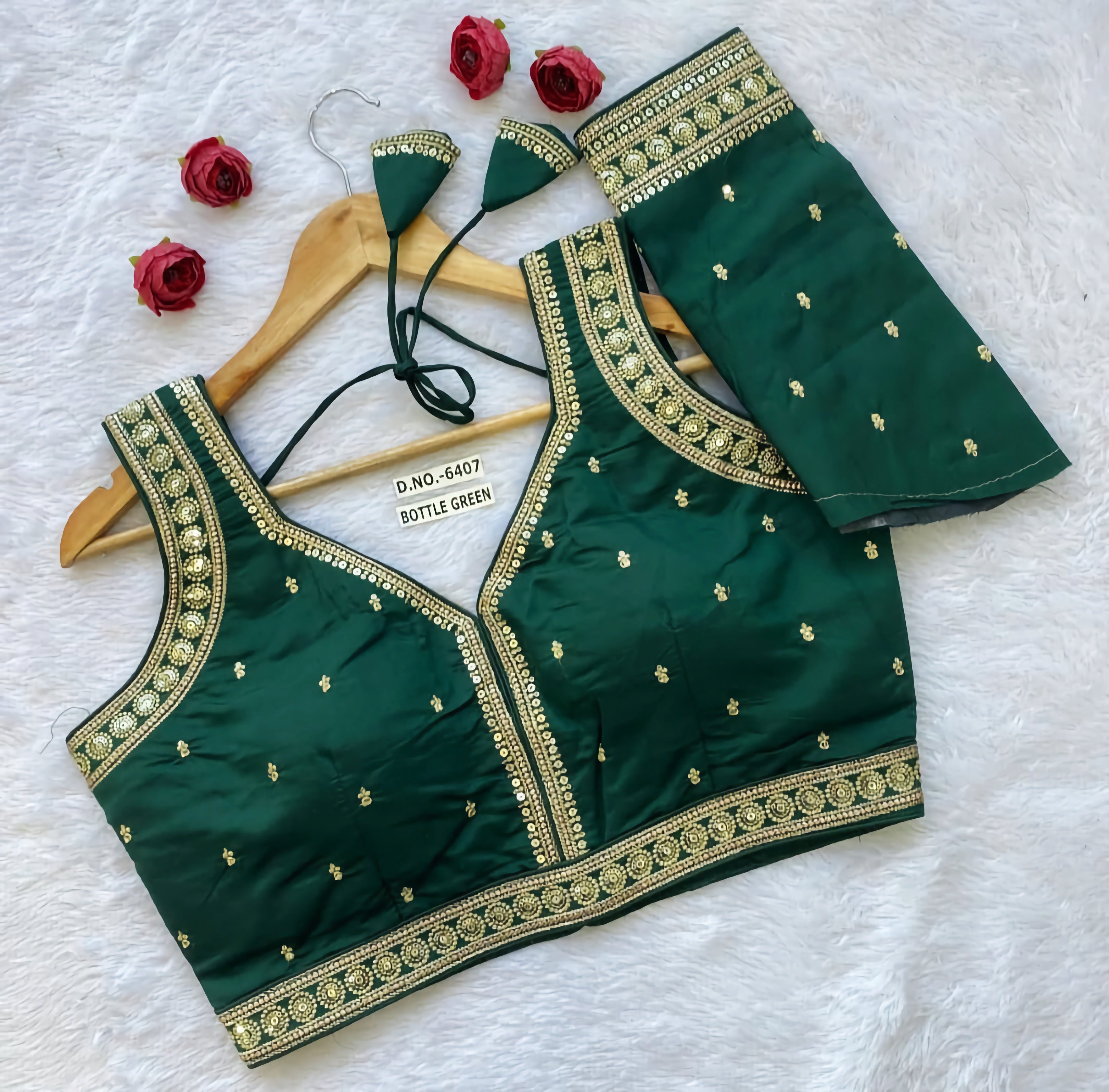 Slub Silk Saree Blouse | Gold Sequin Circular Medallion Border & Buti Work
