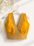 Mustard Yellow Tissue Silk Saree Blouse | Silver Zari Sequin Floral Border