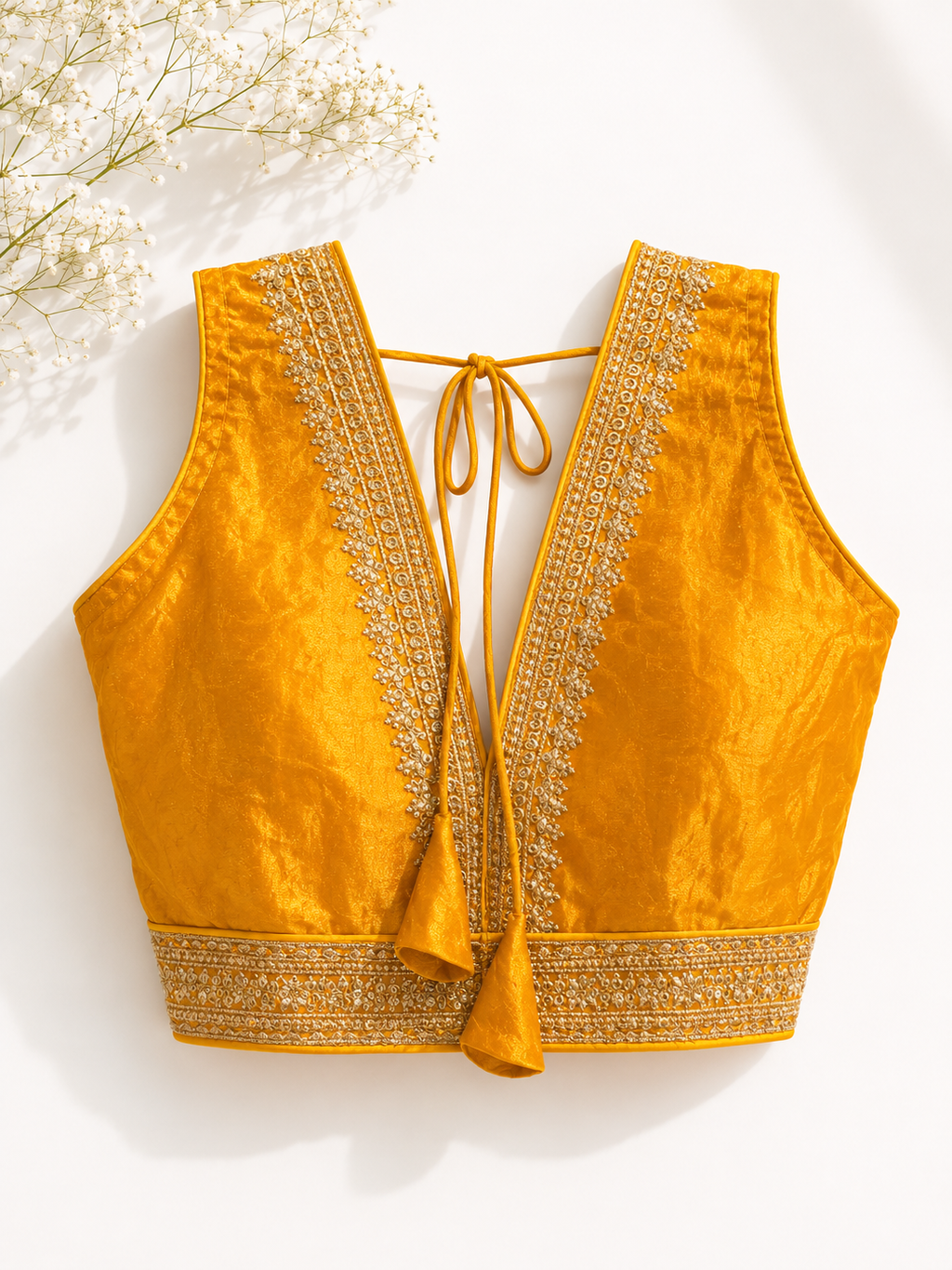 Mustard Yellow Tissue Silk Saree Blouse | Silver Zari Sequin Floral Border