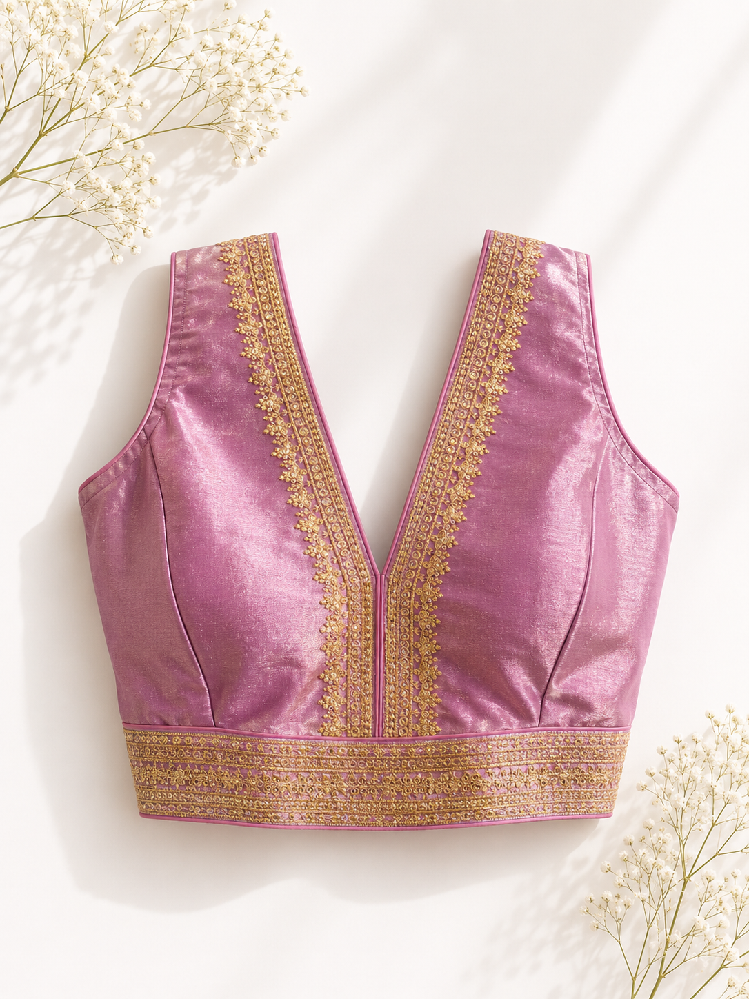 Lavender Tissue Silk Saree Blouse | Gold Zari Sequin Floral Border