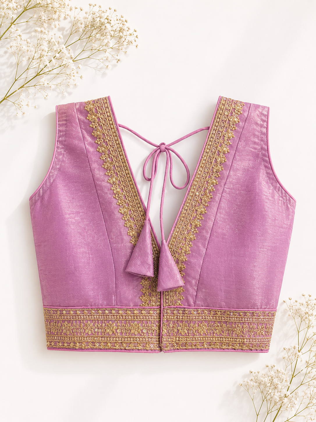 Lavender Tissue Silk Saree Blouse | Gold Zari Sequin Floral Border