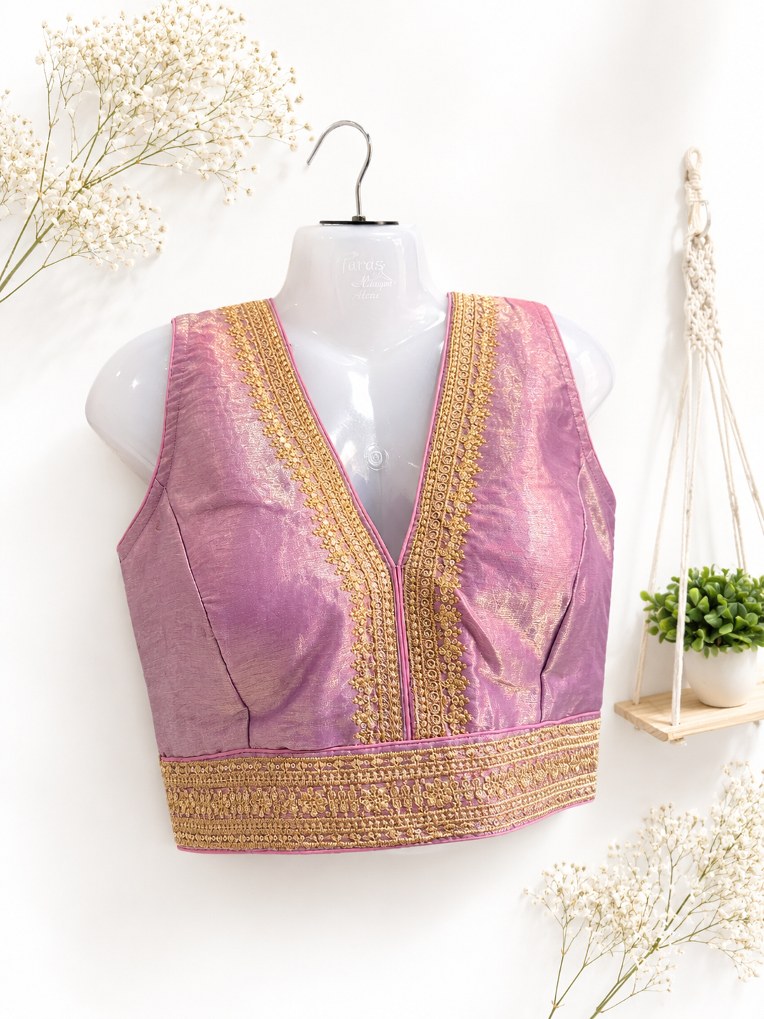 Lavender Tissue Silk Saree Blouse | Gold Zari Sequin Floral Border