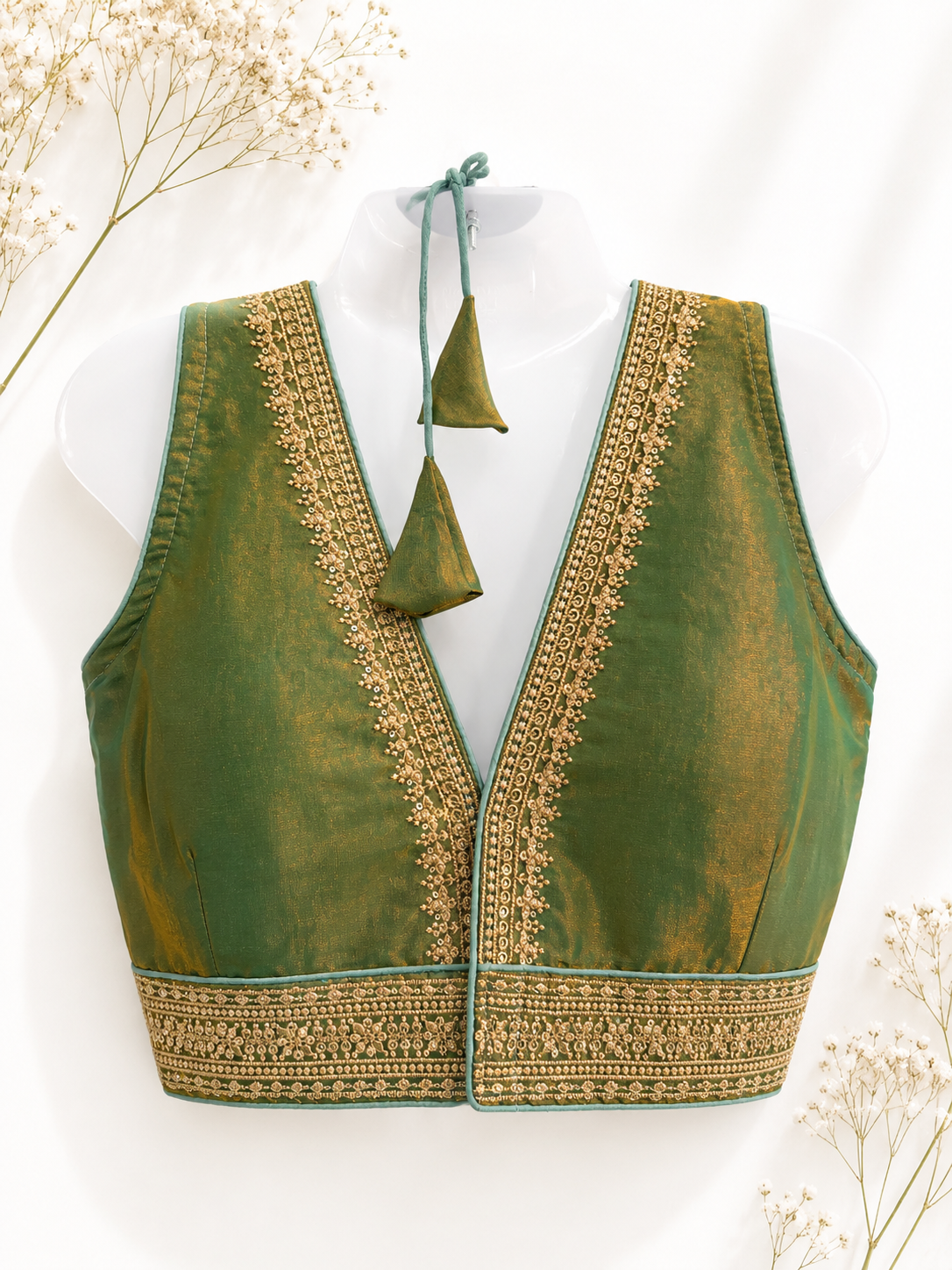 Emerald Green Tissue Silk Saree Blouse | Gold Zari Floral Border