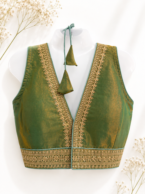 Emerald Green Tissue Silk Saree Blouse | Gold Zari Floral Border