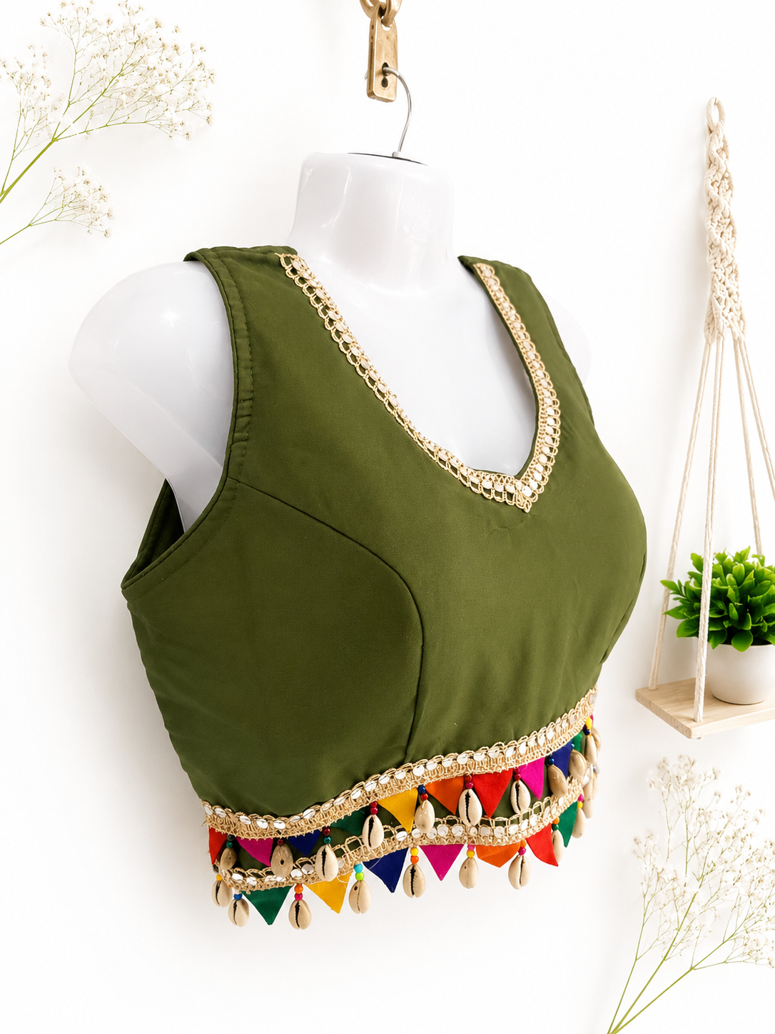 Olive Green Ethnic Crop Top | Cowrie Shell & Multicolor Pompom Tassel Hem