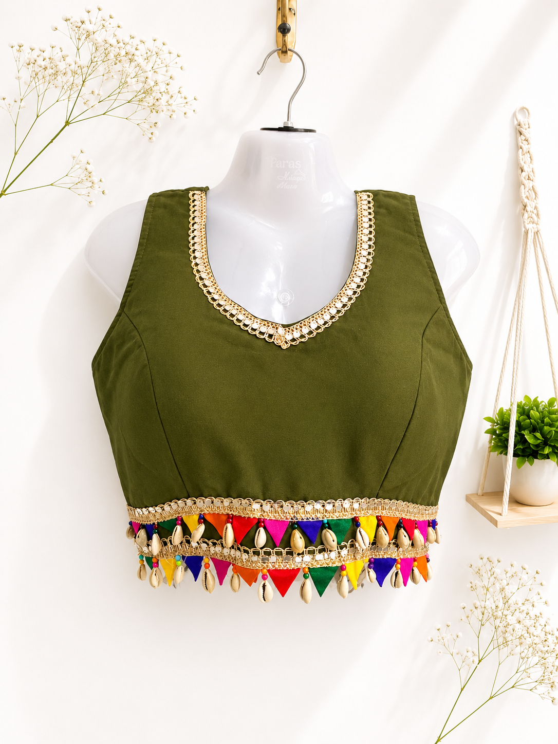 Olive Green Ethnic Crop Top | Cowrie Shell & Multicolor Pompom Tassel Hem