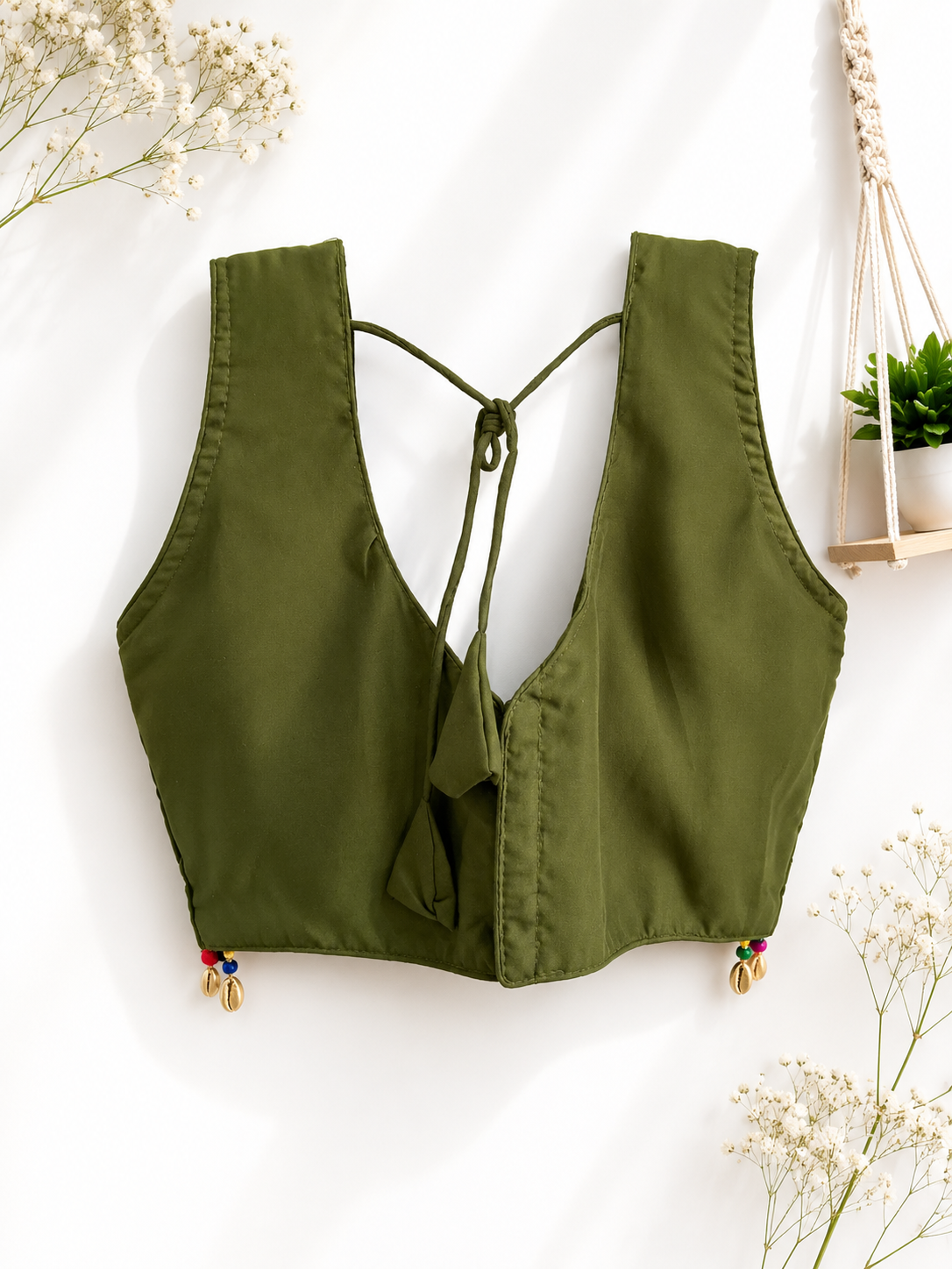 Olive Green Ethnic Crop Top | Cowrie Shell & Multicolor Pompom Tassel Hem