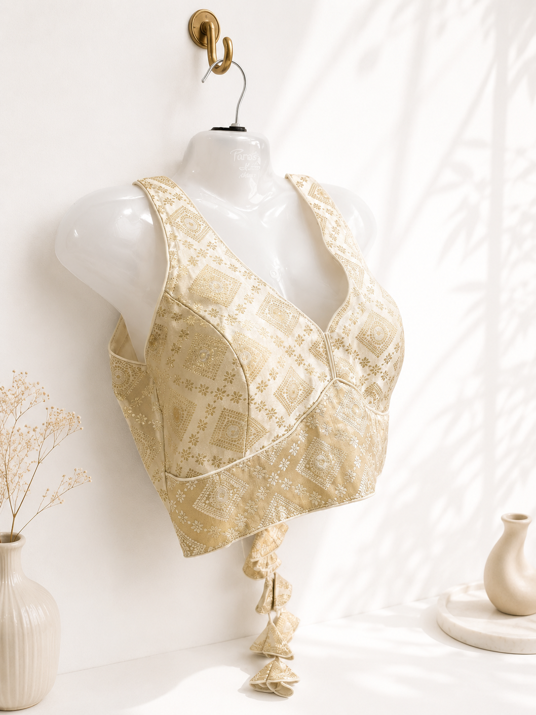 Champagne Gold Brocade Silk Saree Blouse | All Over Geometric Diamond Jacquard Weave