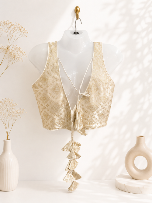 Champagne Gold Brocade Silk Saree Blouse | All Over Geometric Diamond Jacquard Weave