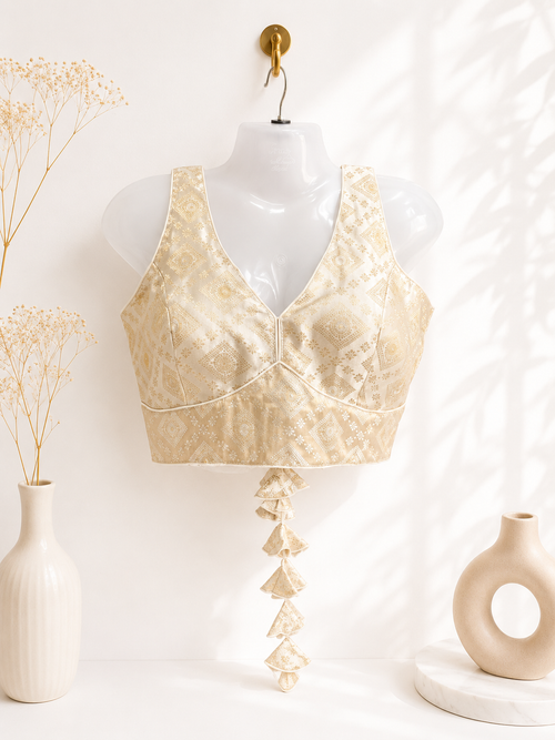 Champagne Gold Brocade Silk Saree Blouse | All Over Geometric Diamond Jacquard Weave