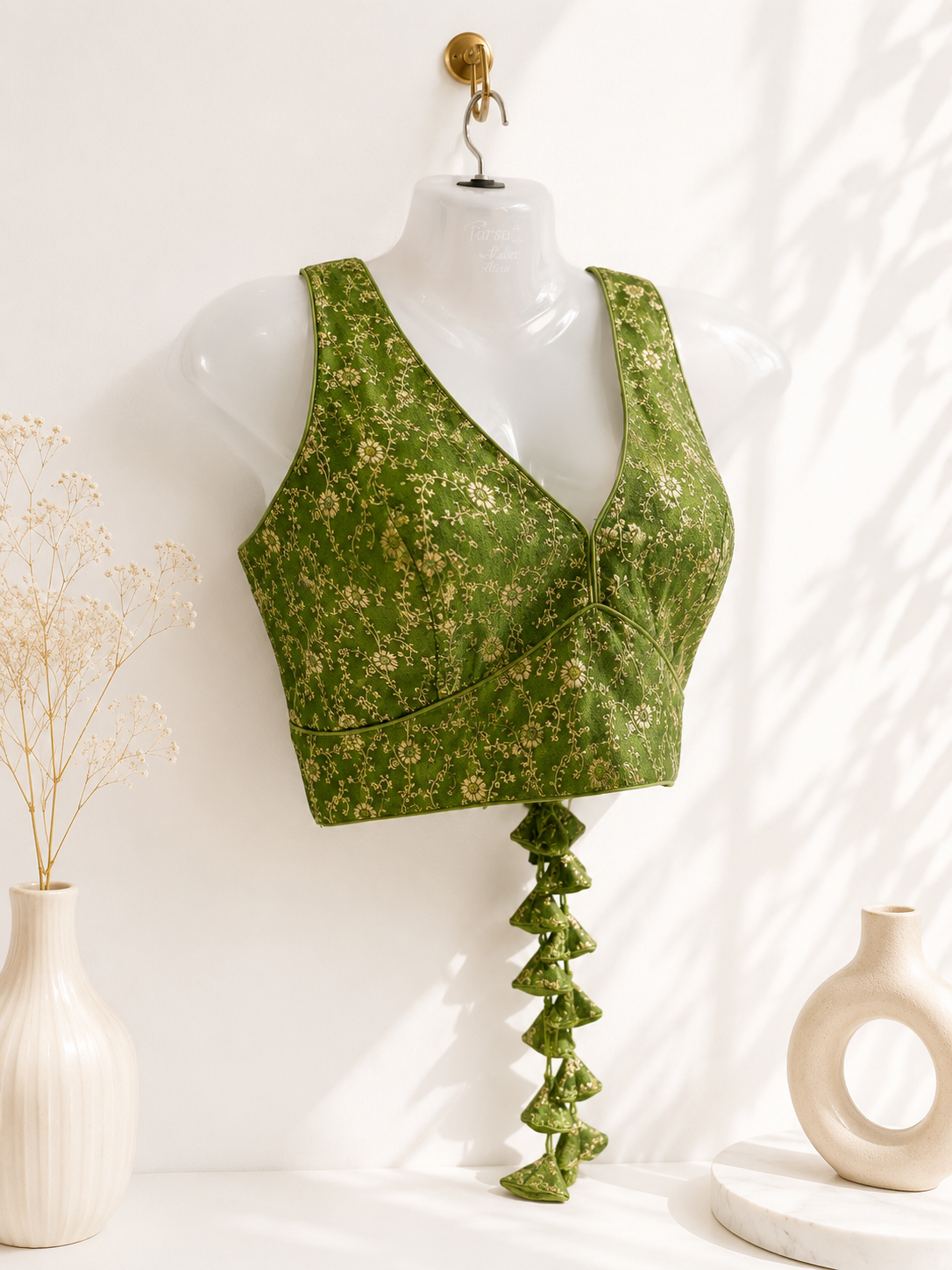 Olive Green Velvet Brocade Silk Saree Blouse | All Over Gold Floral Jacquard Weave