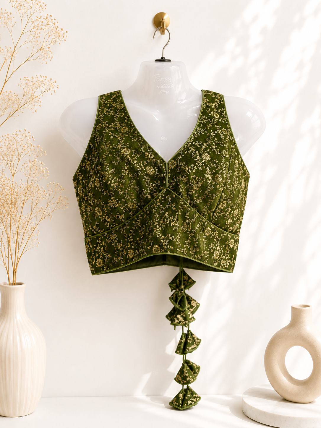 Olive Green Velvet Brocade Silk Saree Blouse | All Over Gold Floral Jacquard Weave