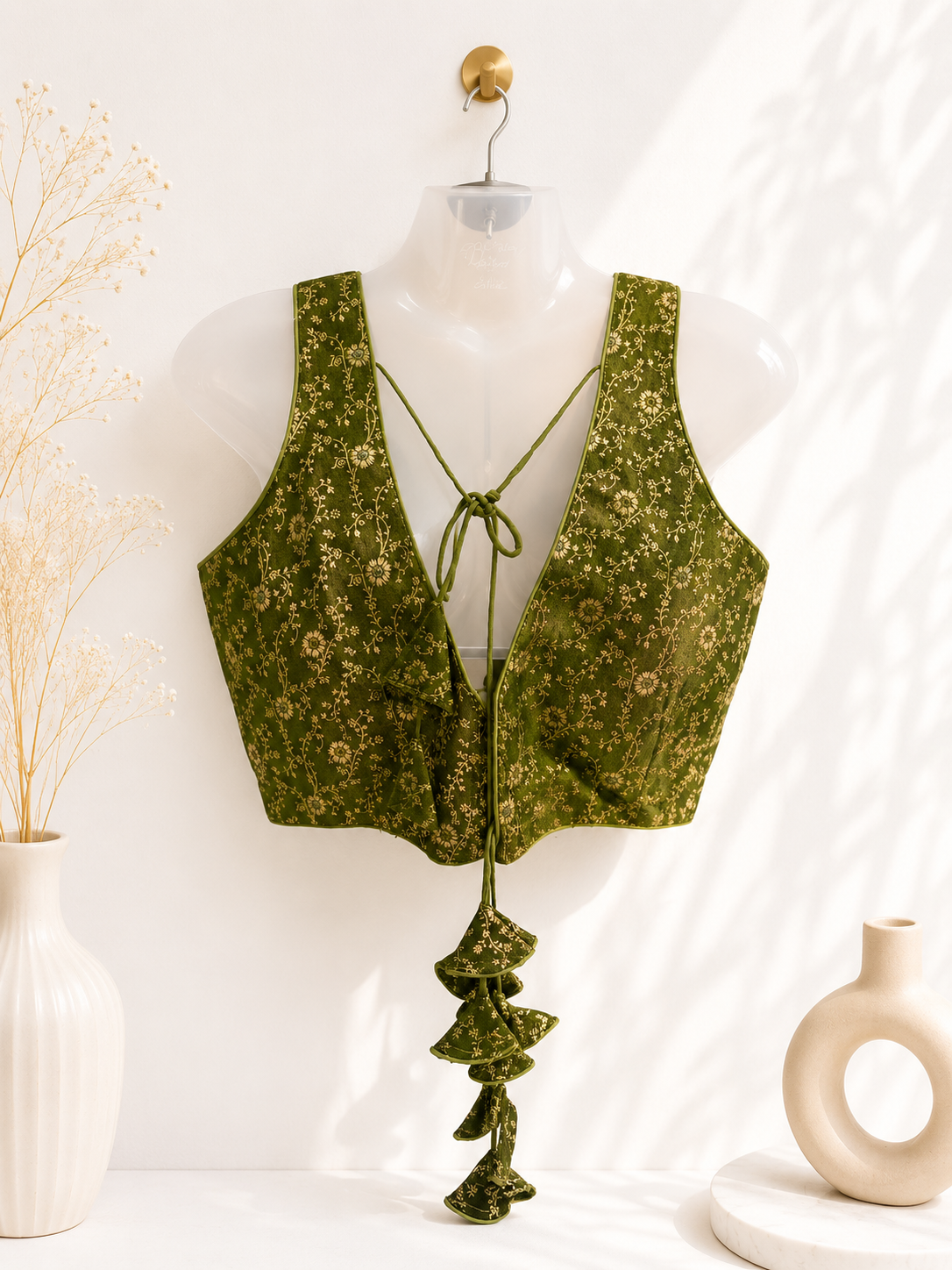 Olive Green Velvet Brocade Silk Saree Blouse | All Over Gold Floral Jacquard Weave