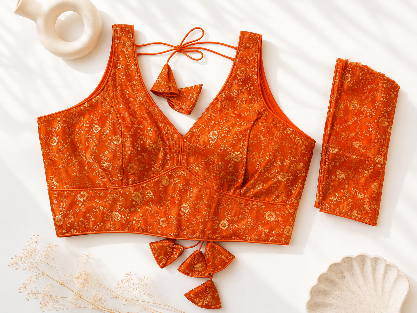 Burnt Orange Brocade Silk Saree Blouse | All Over Gold Floral Jacquard Weave