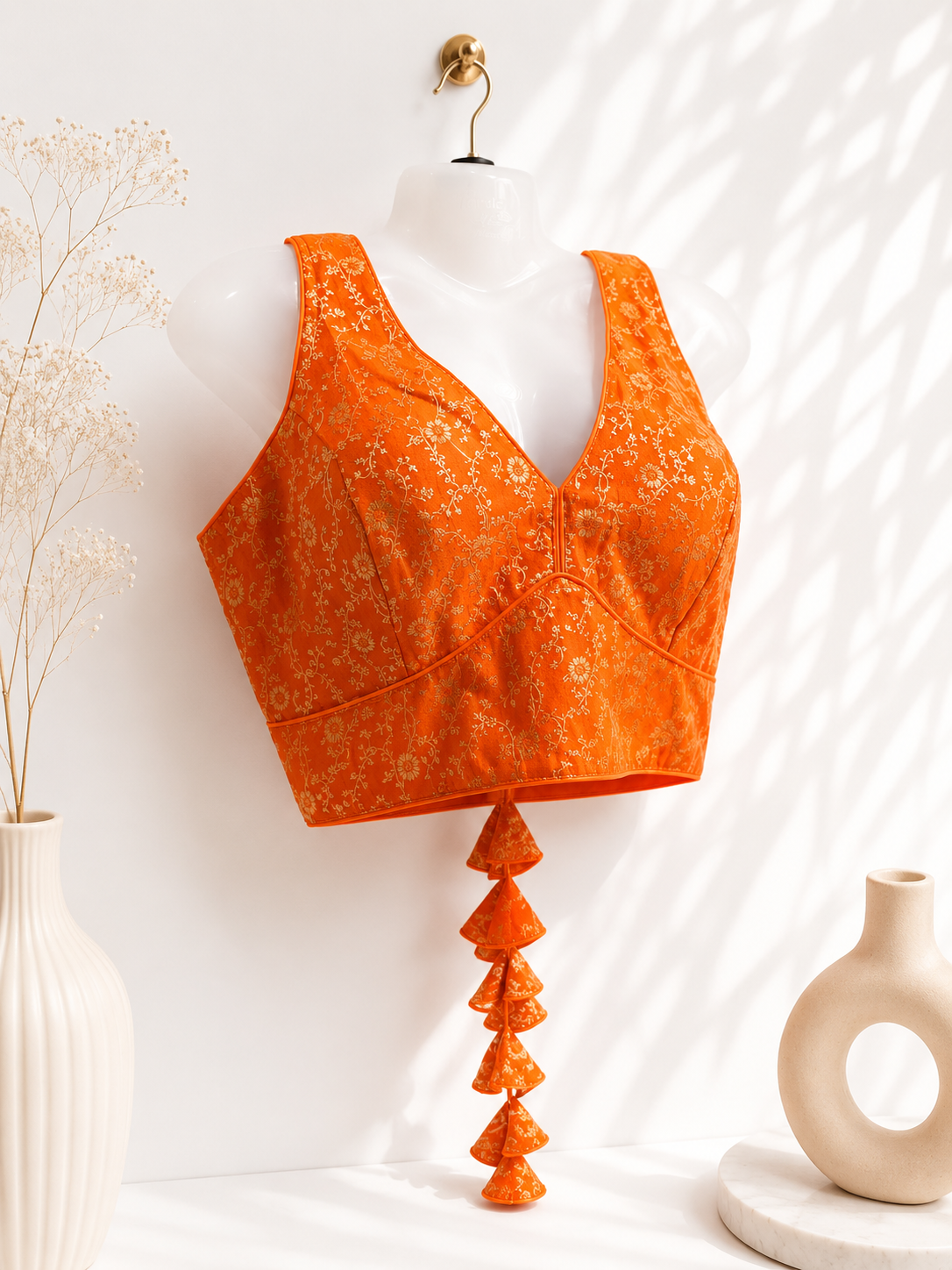 Burnt Orange Brocade Silk Saree Blouse | All Over Gold Floral Jacquard Weave