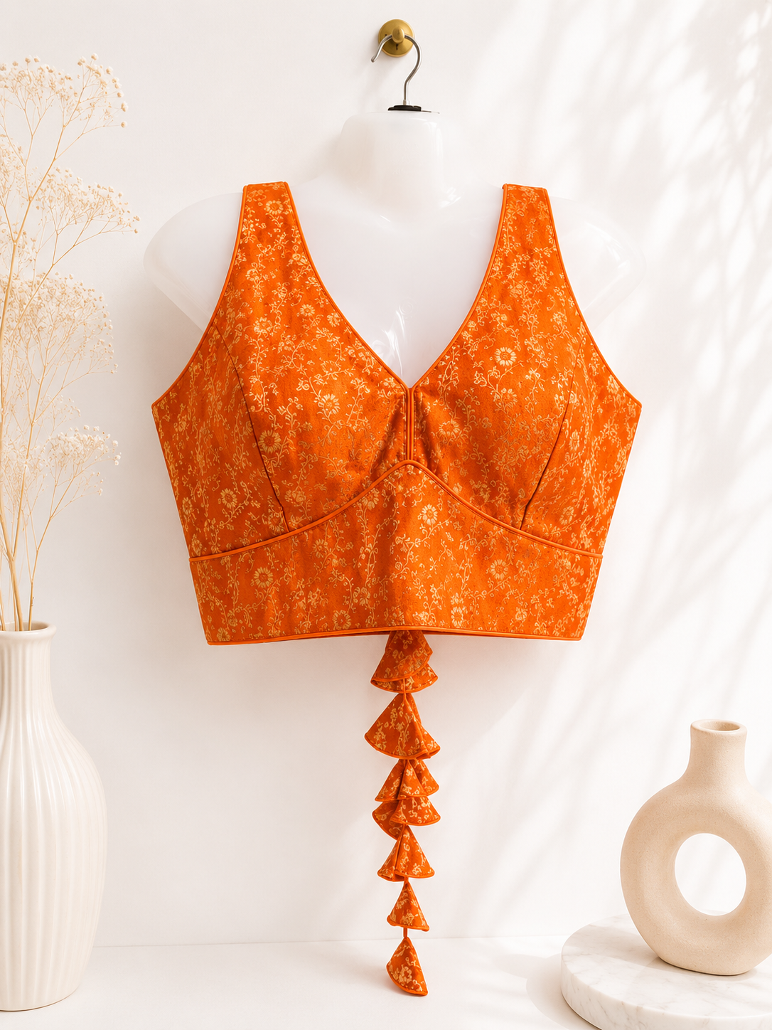 Burnt Orange Brocade Silk Saree Blouse | All Over Gold Floral Jacquard Weave