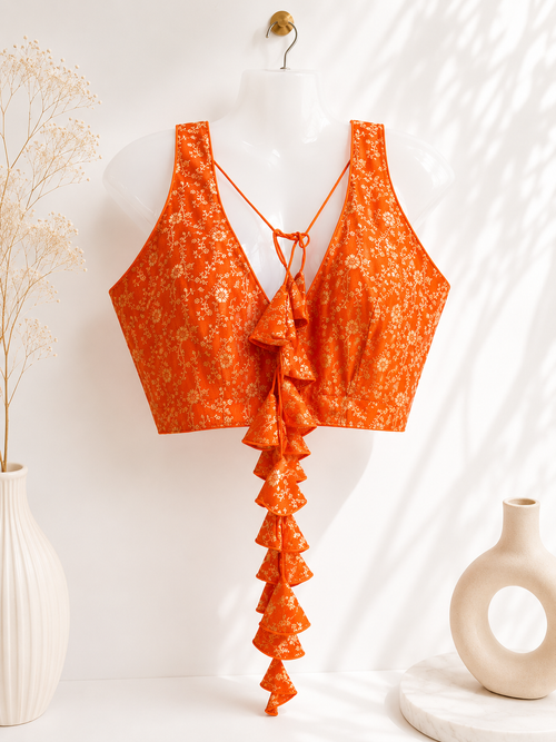 Burnt Orange Brocade Silk Saree Blouse | All Over Gold Floral Jacquard Weave