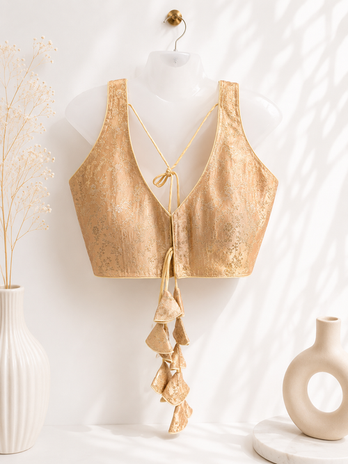 Gold Brocade Silk Saree Blouse | All Over Floral Jaquard Weave