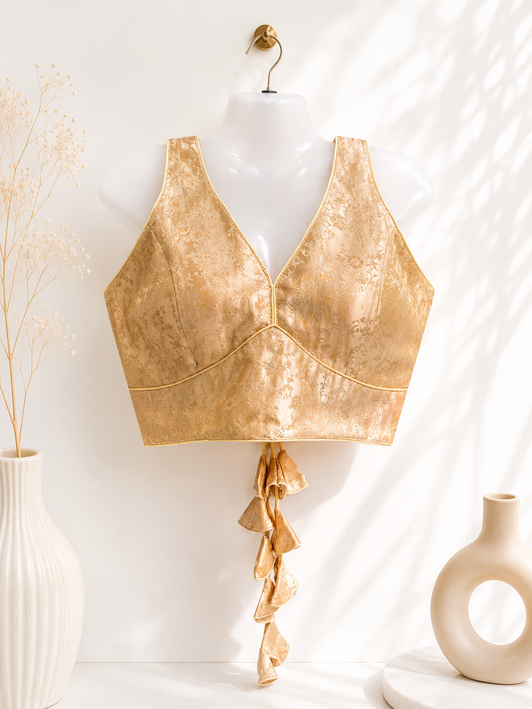 Gold Brocade Silk Saree Blouse | All Over Floral Jaquard Weave
