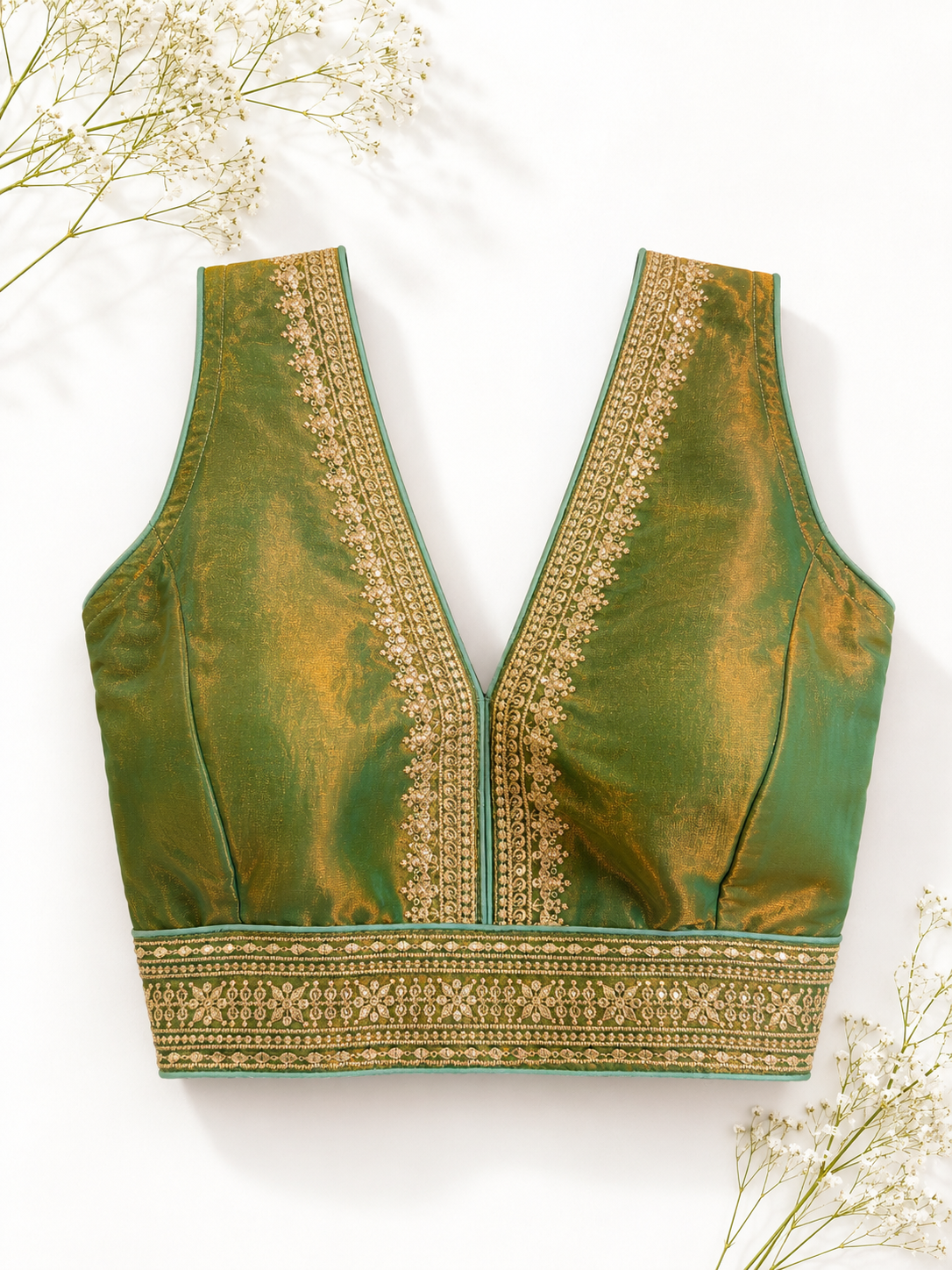 Emerald Green Tissue Silk Saree Blouse | Gold Zari Floral Border