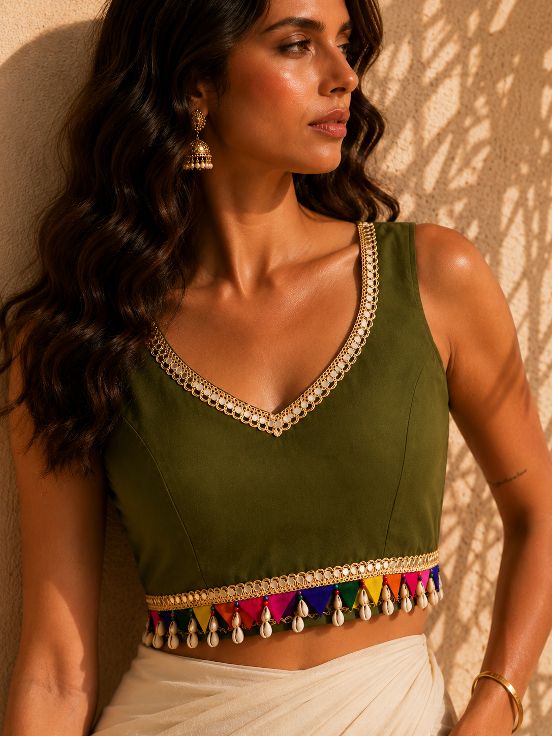 Olive Green Ethnic Crop Top | Cowrie Shell & Multicolor Pompom Tassel Hem
