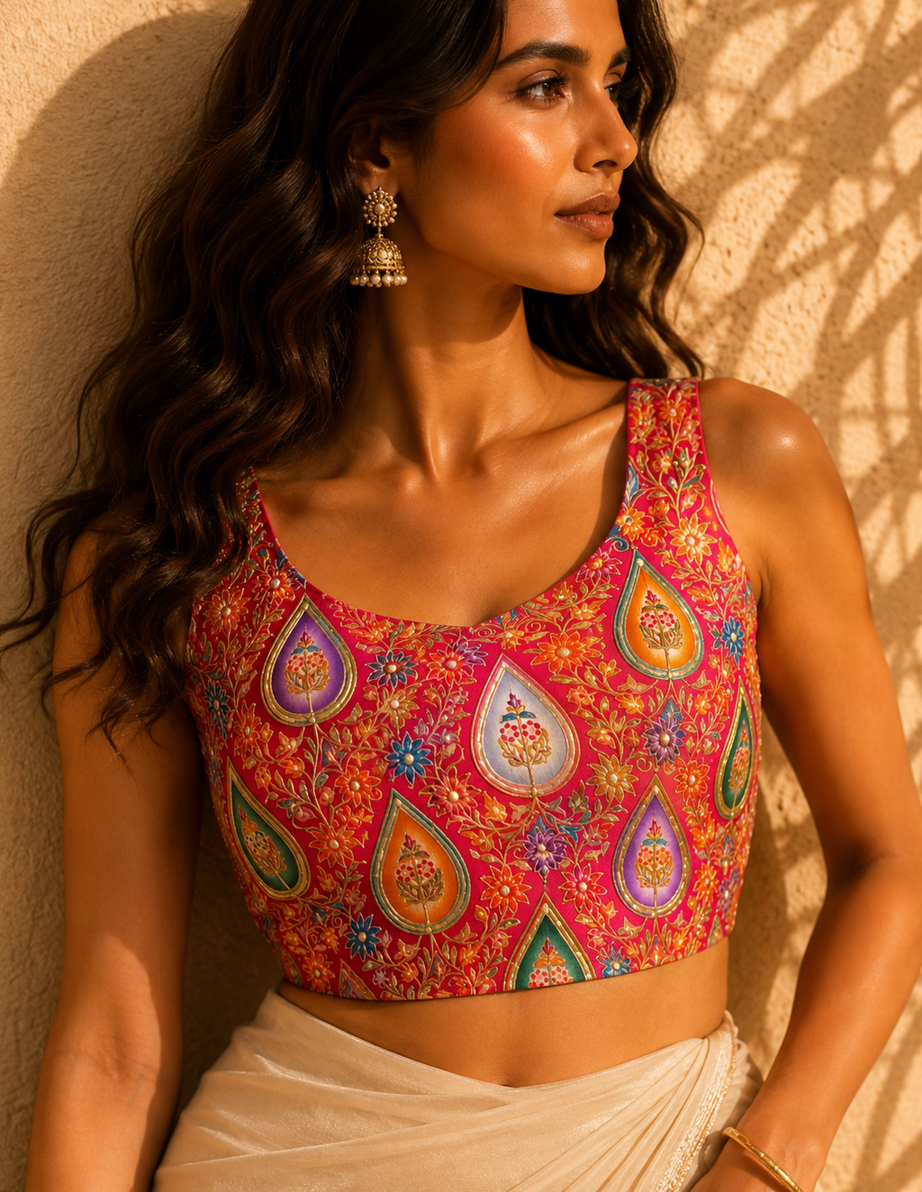 Multicolor Paisley Teardrop Floral Embroidered Saree Blouse | Heavy Zari Threadwork Tank Style Readymade Blouse