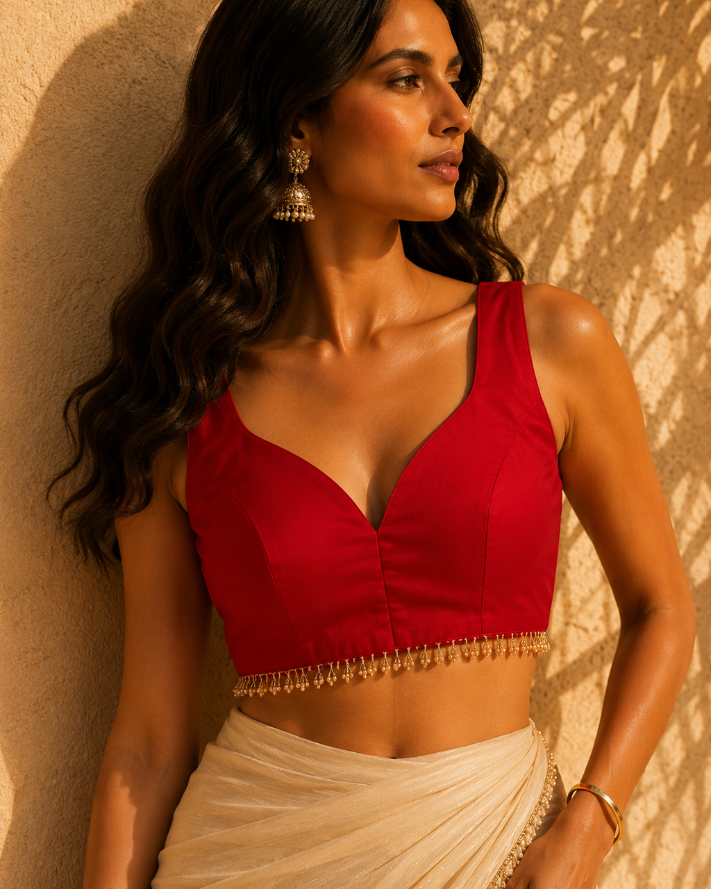 Gaji Silk Plain Sleeveless Saree Blouse | Pearl Bead Fringe Hem Readymade Blouse