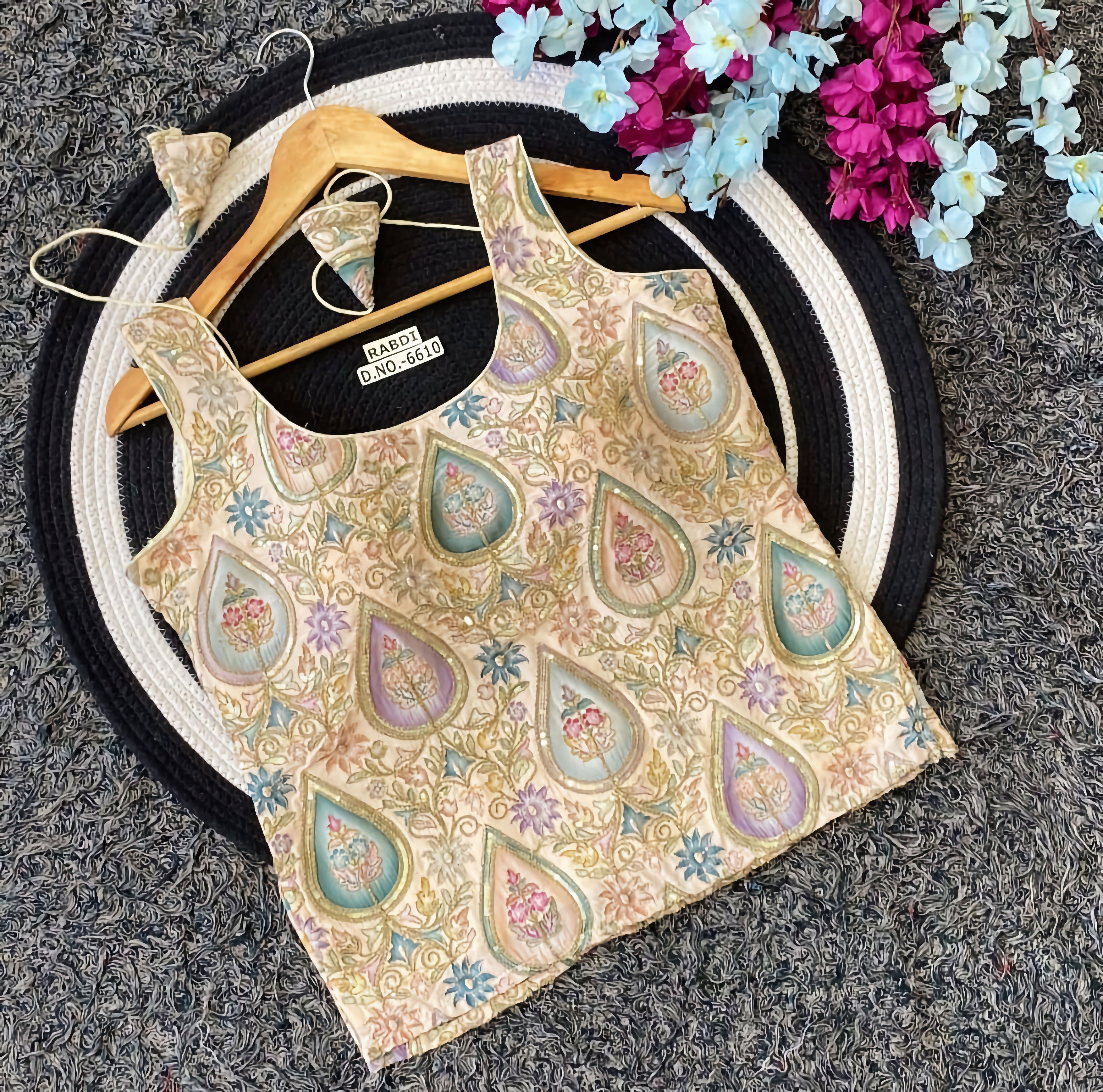 Multicolor Paisley Teardrop Floral Embroidered Saree Blouse | Heavy Zari Threadwork Tank Style Readymade Blouse