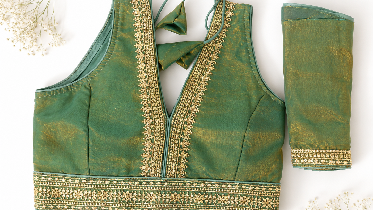 Green blouse with gold embroidery on a white background