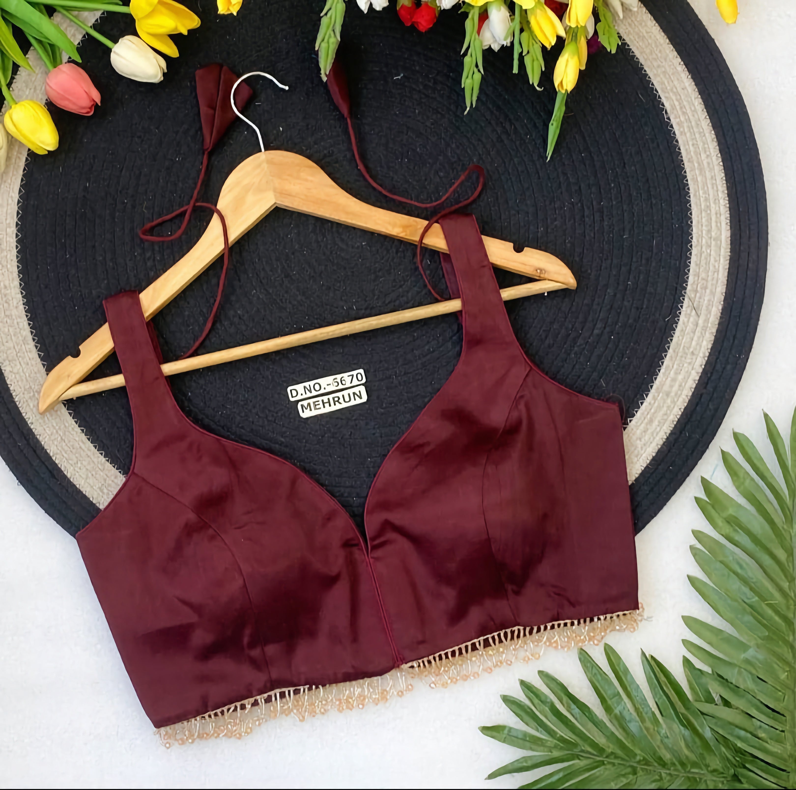 Gaji Silk Plain Sleeveless Saree Blouse | Pearl Bead Fringe Hem Readymade Blouse