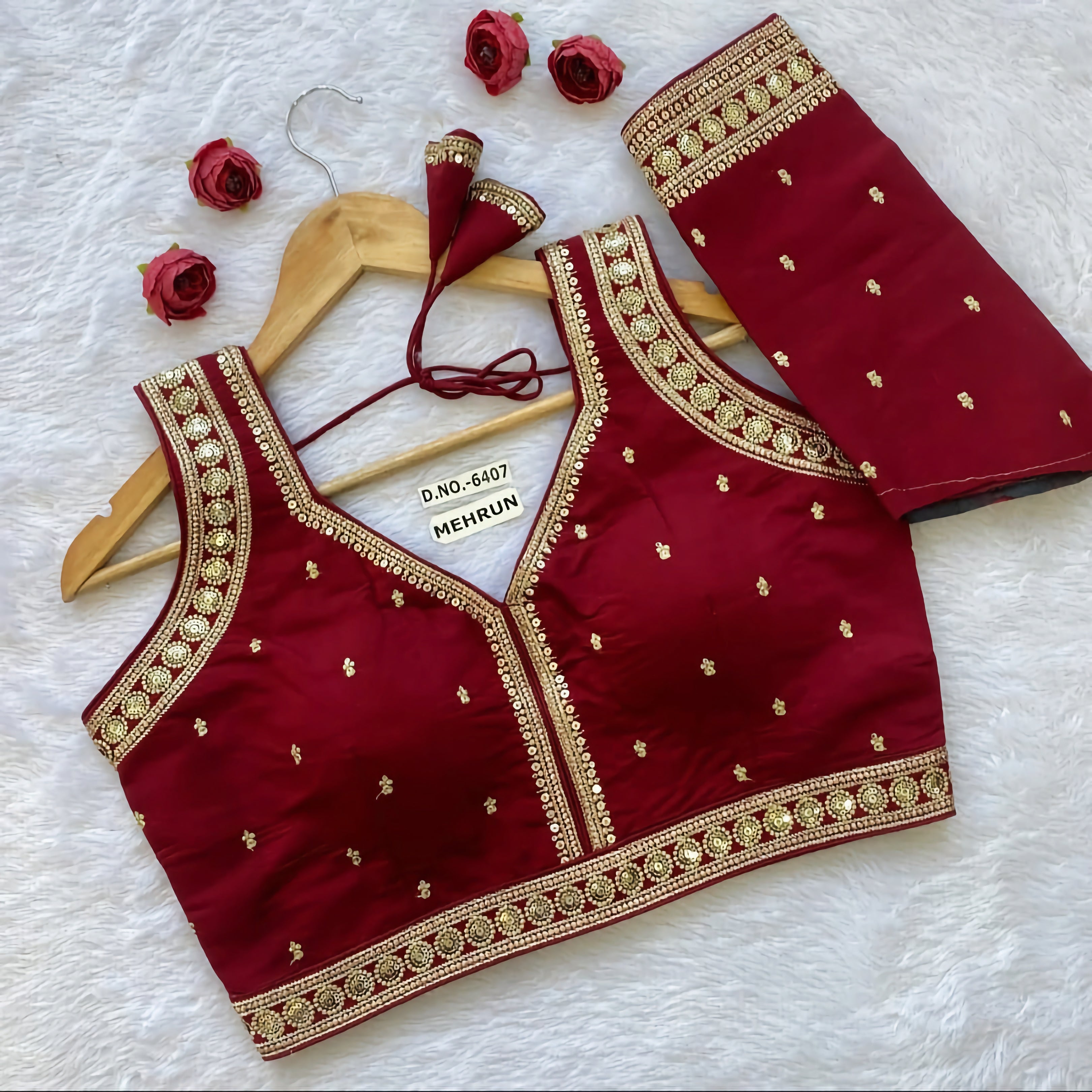 Slub Silk Saree Blouse | Gold Sequin Circular Medallion Border & Buti Work
