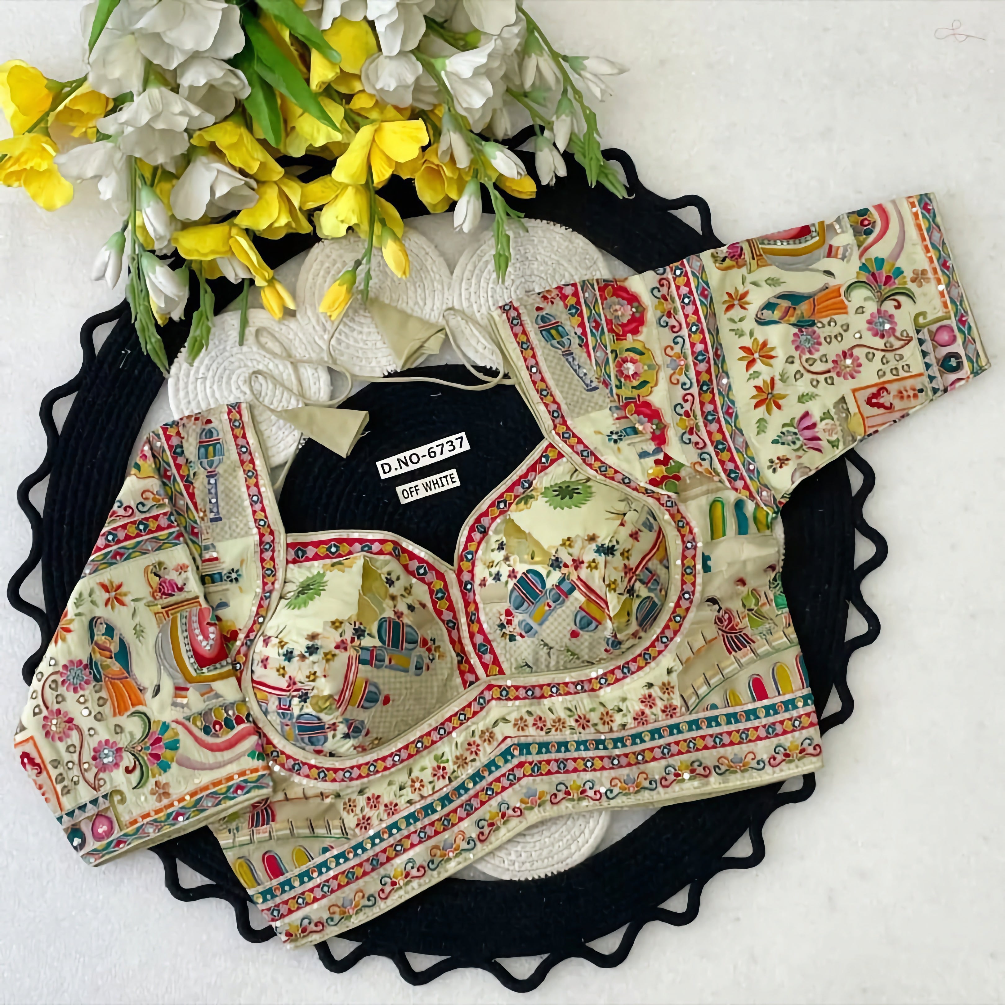 Rajasthani Pichwai Narrative Art Saree Blouse | Royal Elephant Mughal Folk Print Bustier Readymade Blouse
