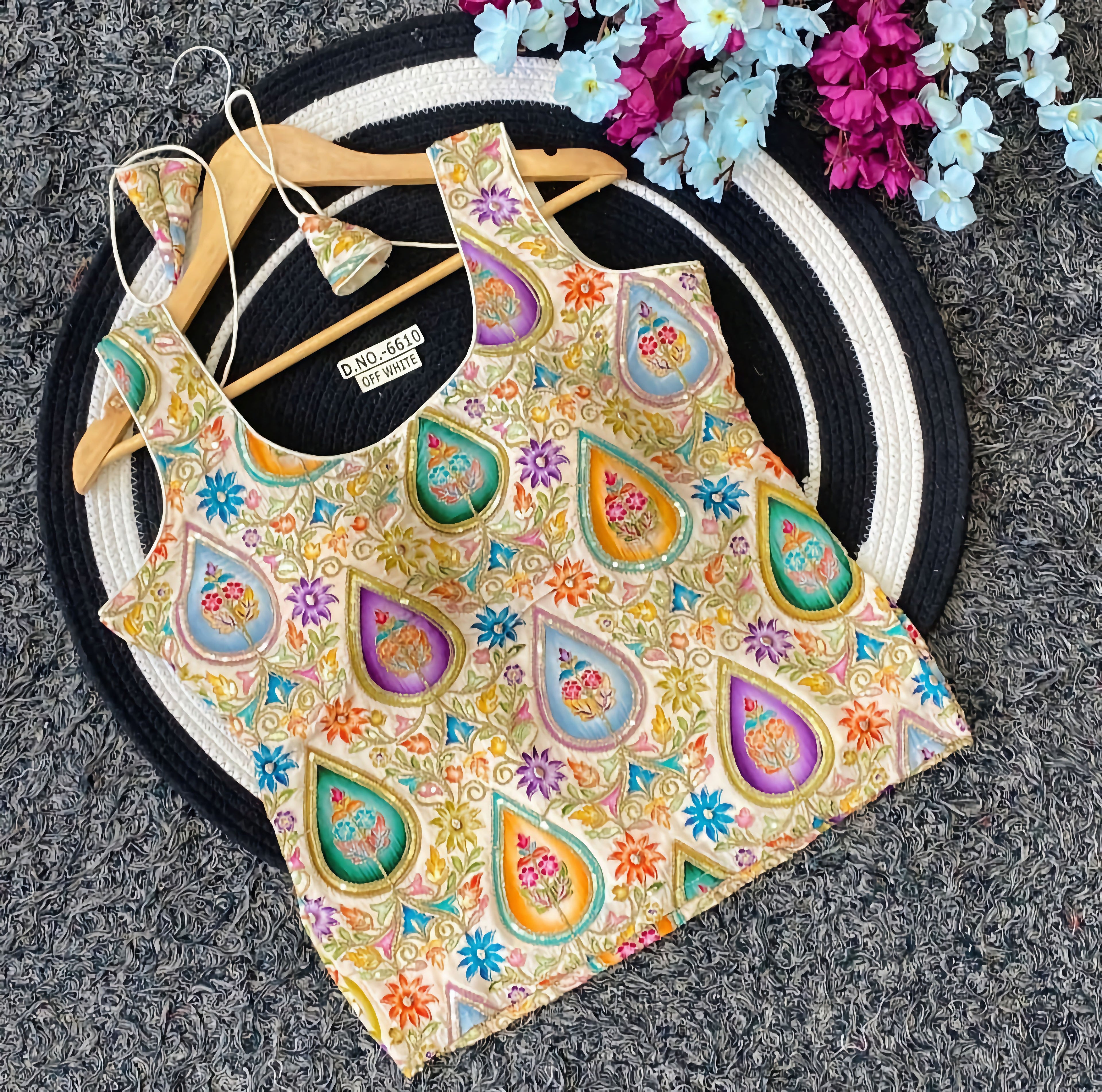 Multicolor Paisley Teardrop Floral Embroidered Saree Blouse | Heavy Zari Threadwork Tank Style Readymade Blouse