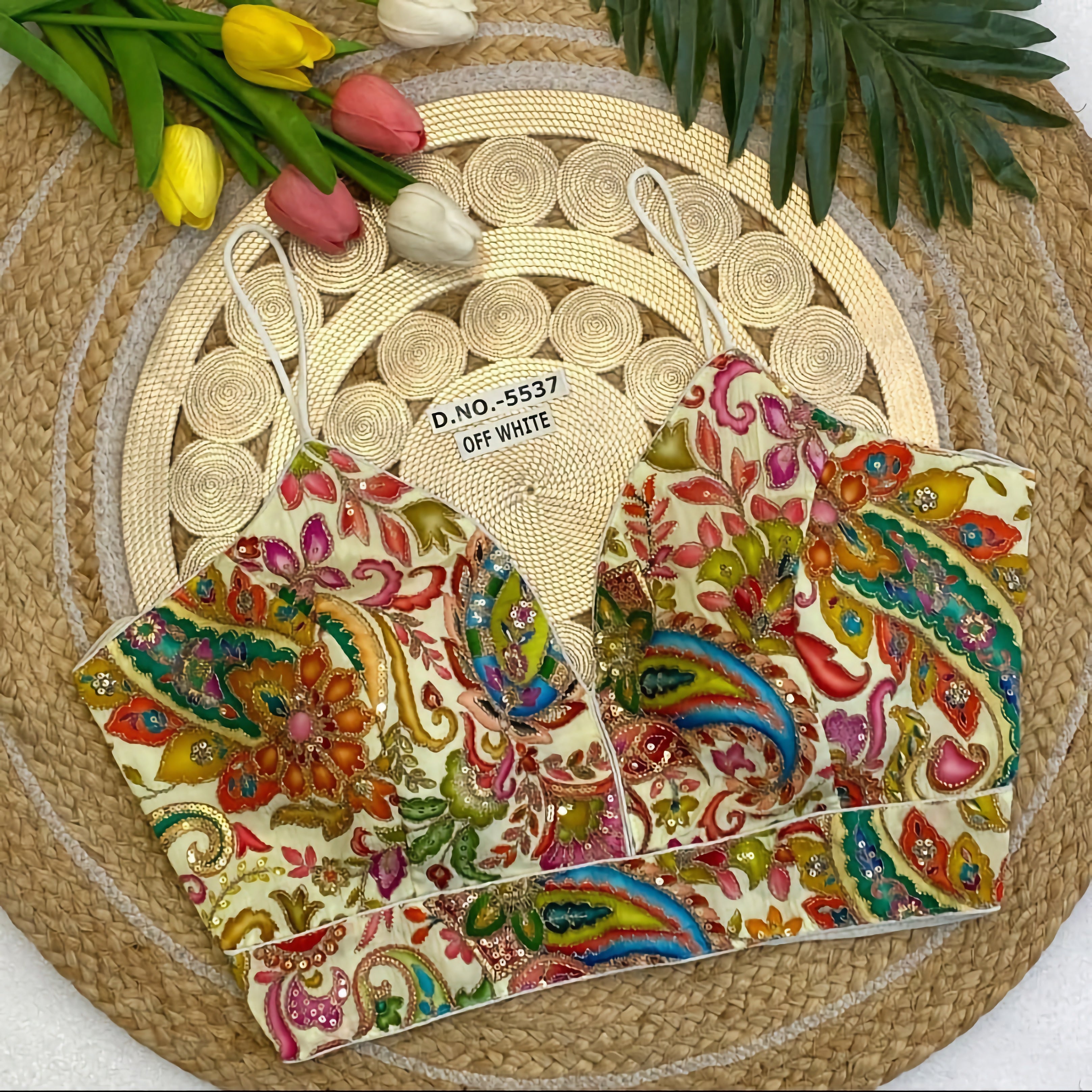 Natural Crepe Spaghetti Strap Saree Blouse | All Over Multicolor Floral Paisley Embroidered Readymade Blouse