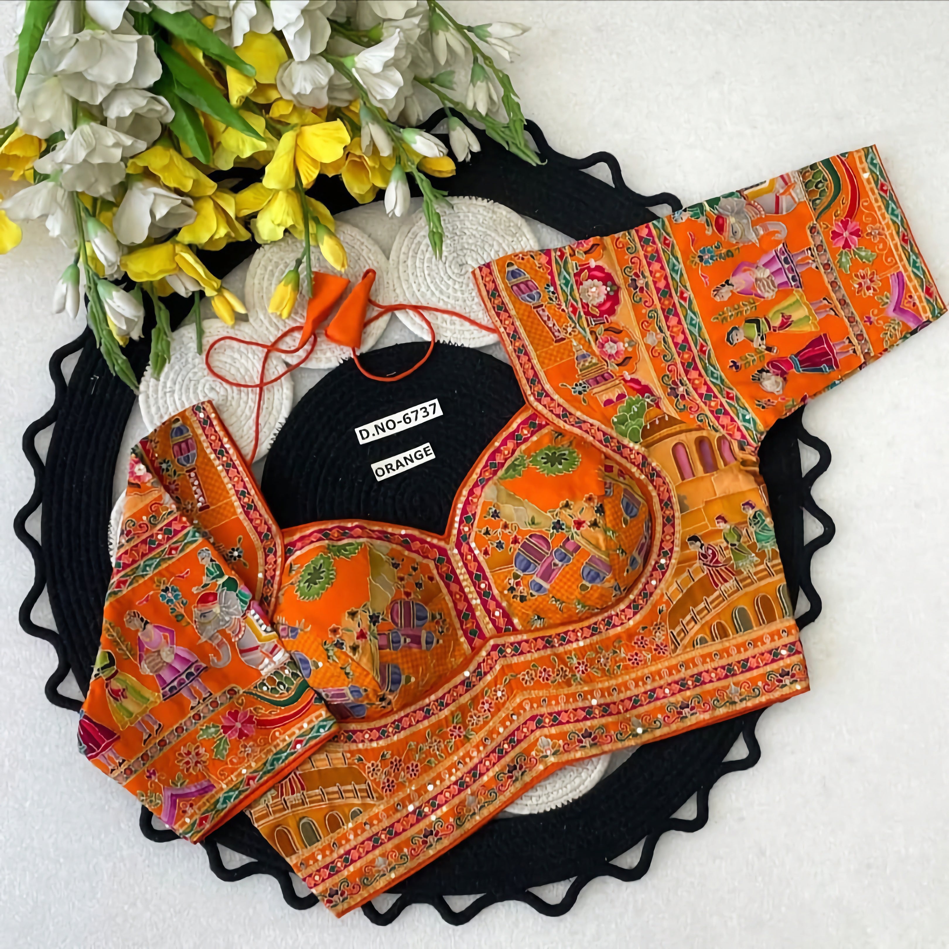 Rajasthani Pichwai Narrative Art Saree Blouse | Royal Elephant Mughal Folk Print Bustier Readymade Blouse