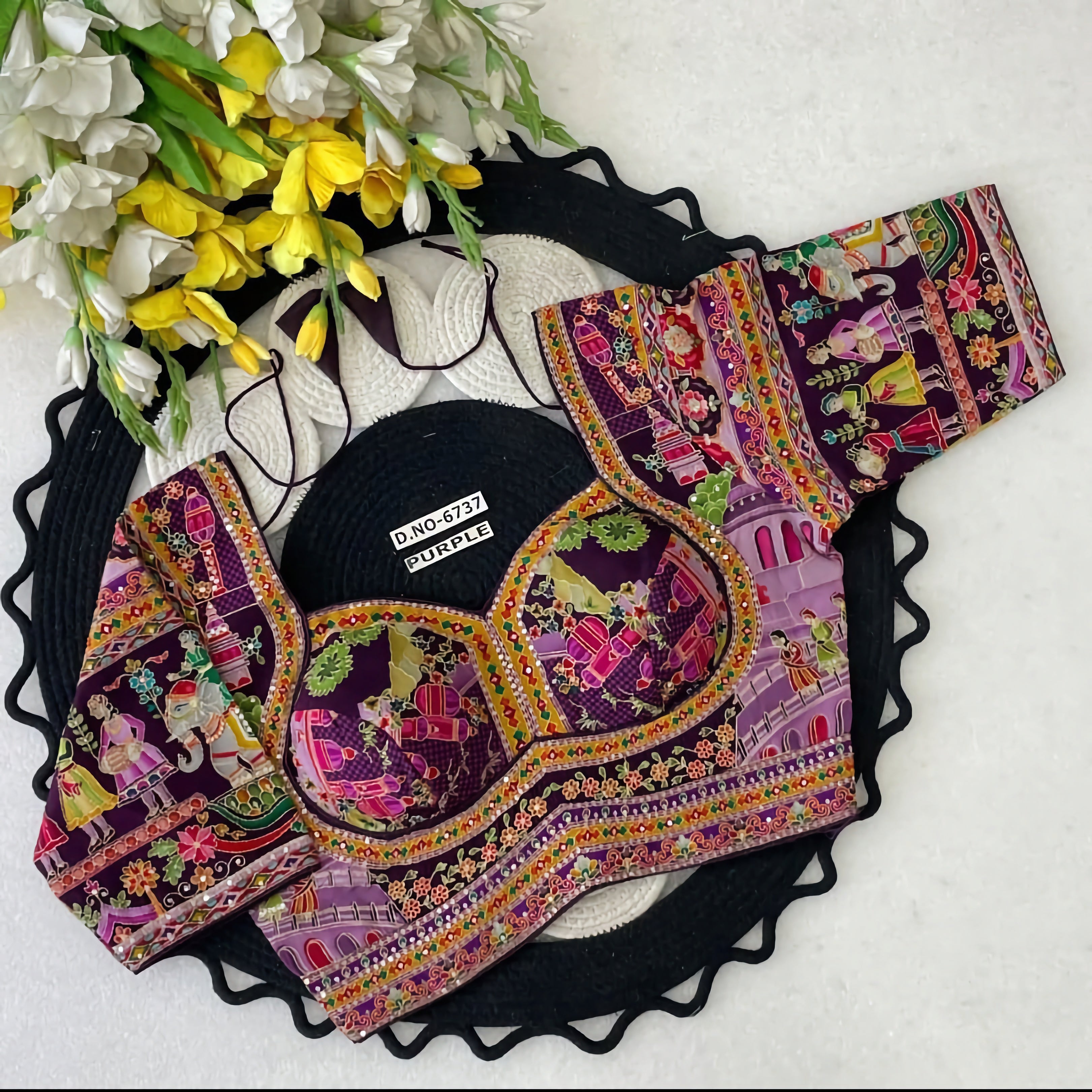 Rajasthani Pichwai Narrative Art Saree Blouse | Royal Elephant Mughal Folk Print Bustier Readymade Blouse