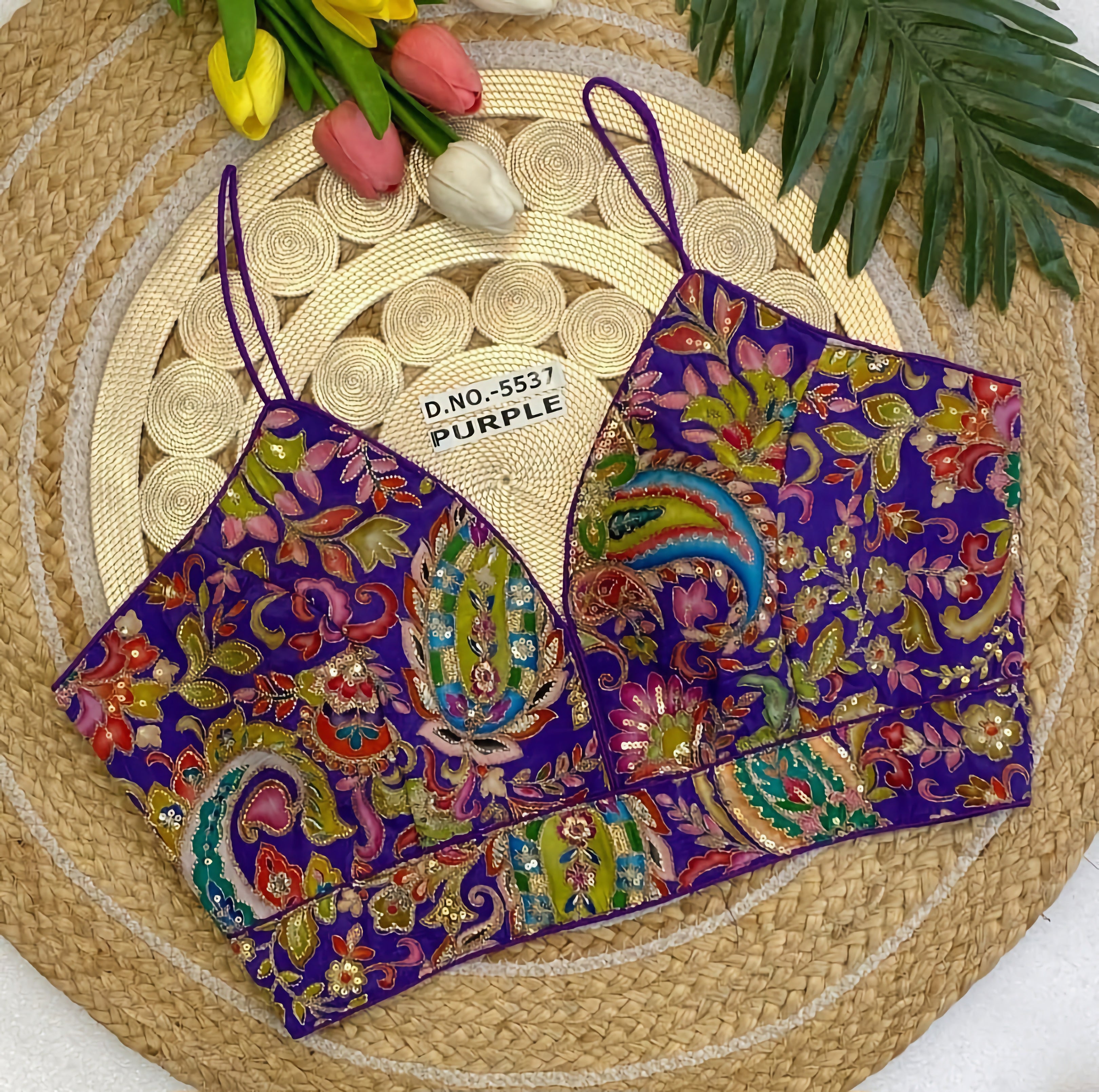 Natural Crepe Spaghetti Strap Saree Blouse | All Over Multicolor Floral Paisley Embroidered Readymade Blouse
