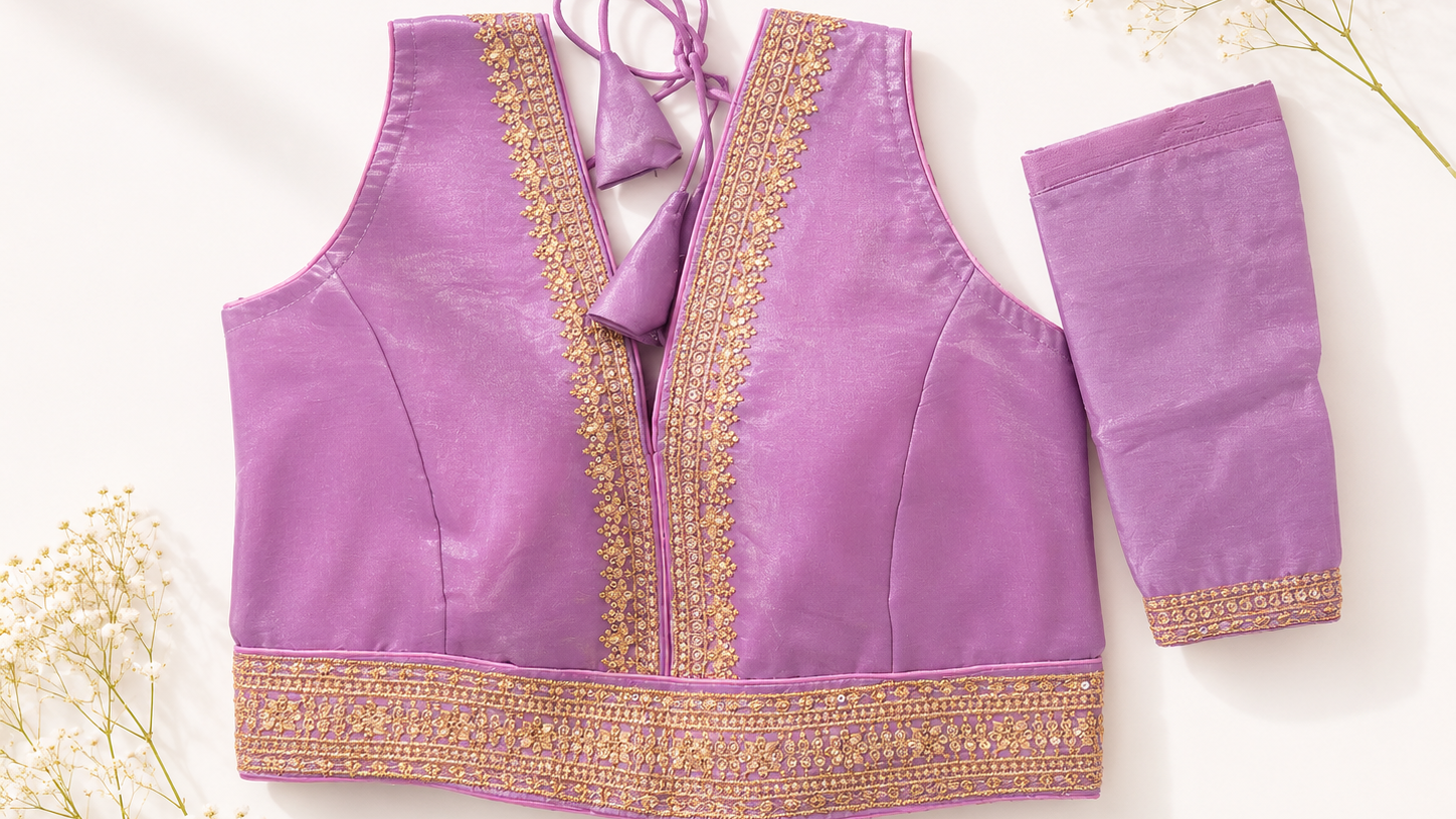 Purple blouse with gold embroidery on a white background