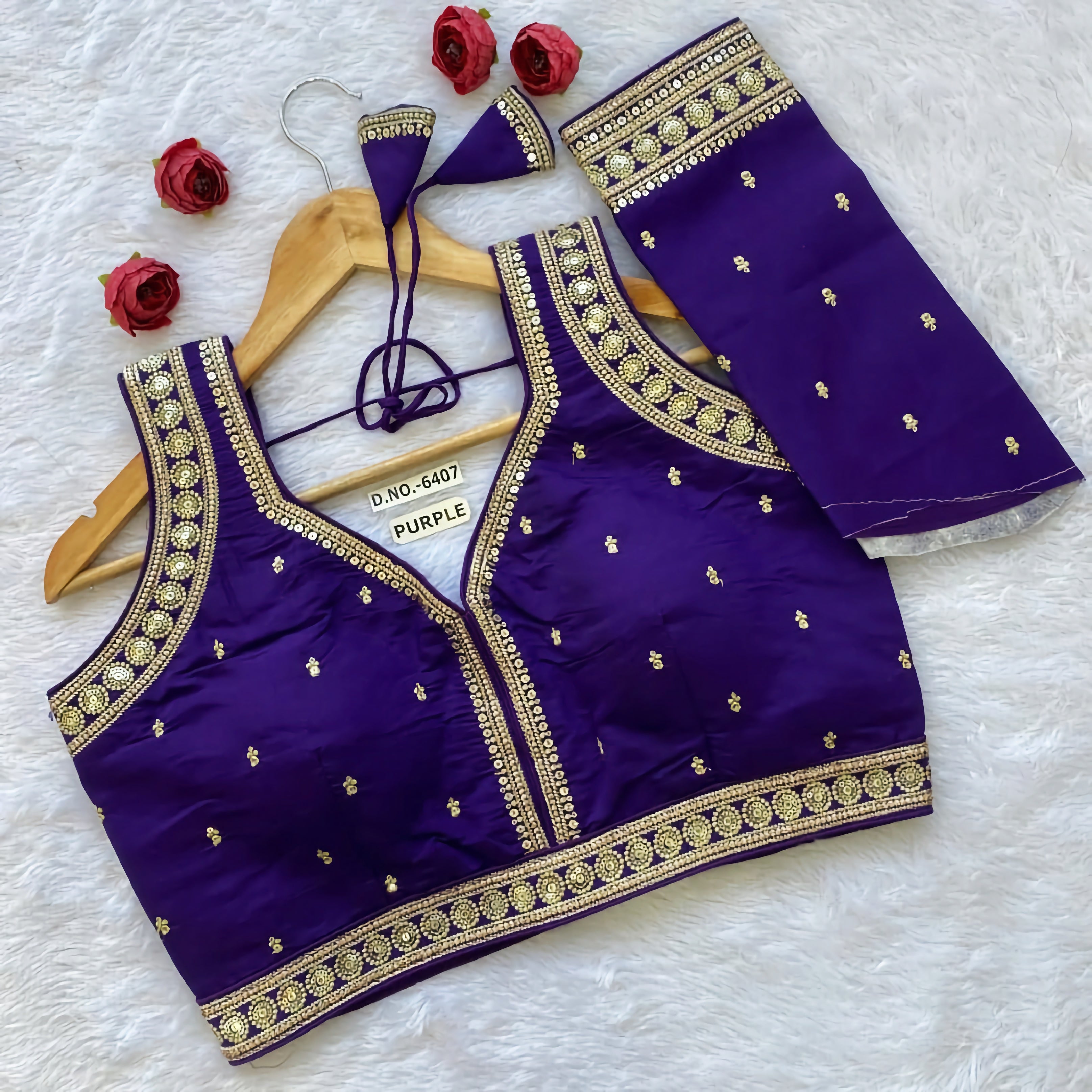 Slub Silk Saree Blouse | Gold Sequin Circular Medallion Border & Buti Work