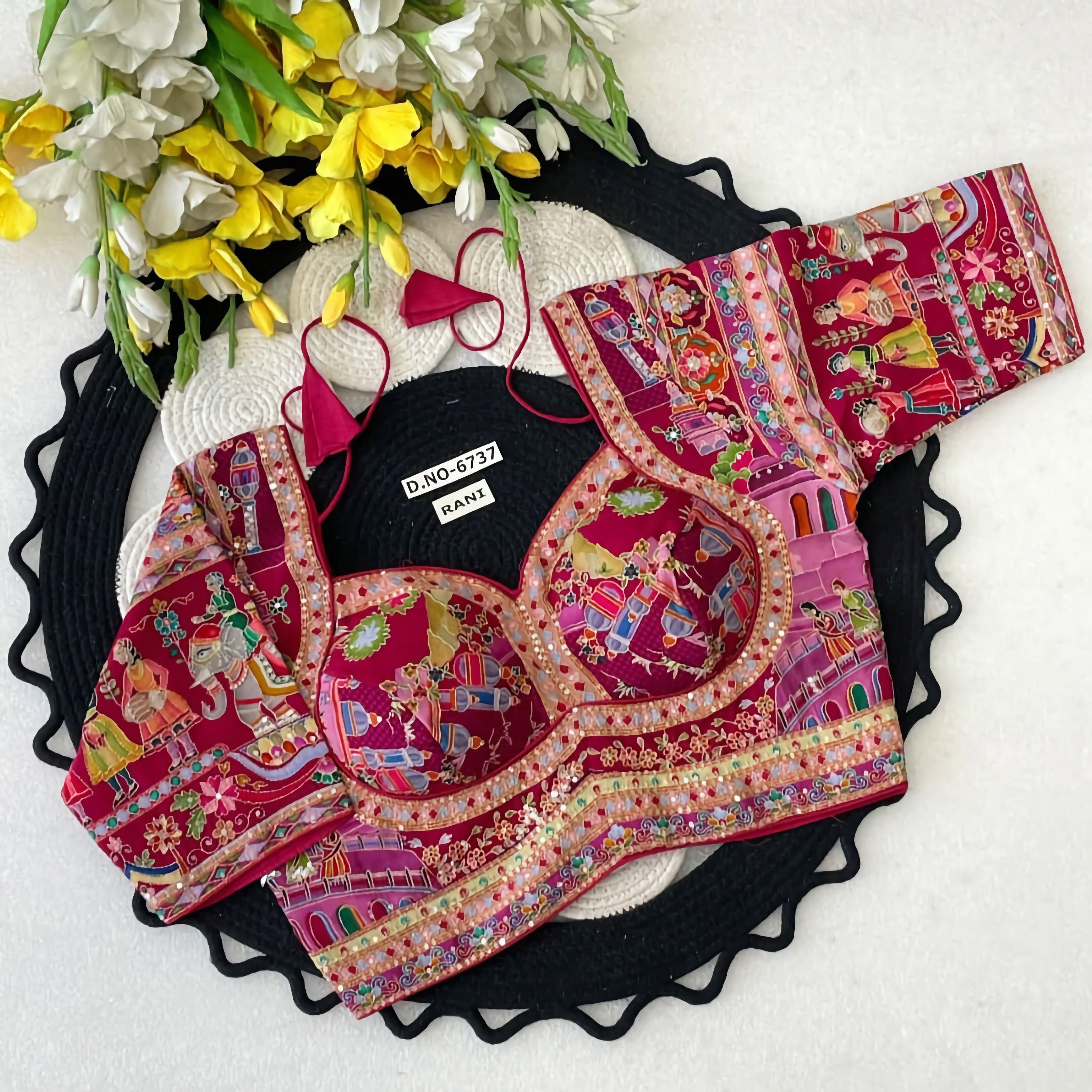 Rajasthani Pichwai Narrative Art Saree Blouse | Royal Elephant Mughal Folk Print Bustier Readymade Blouse