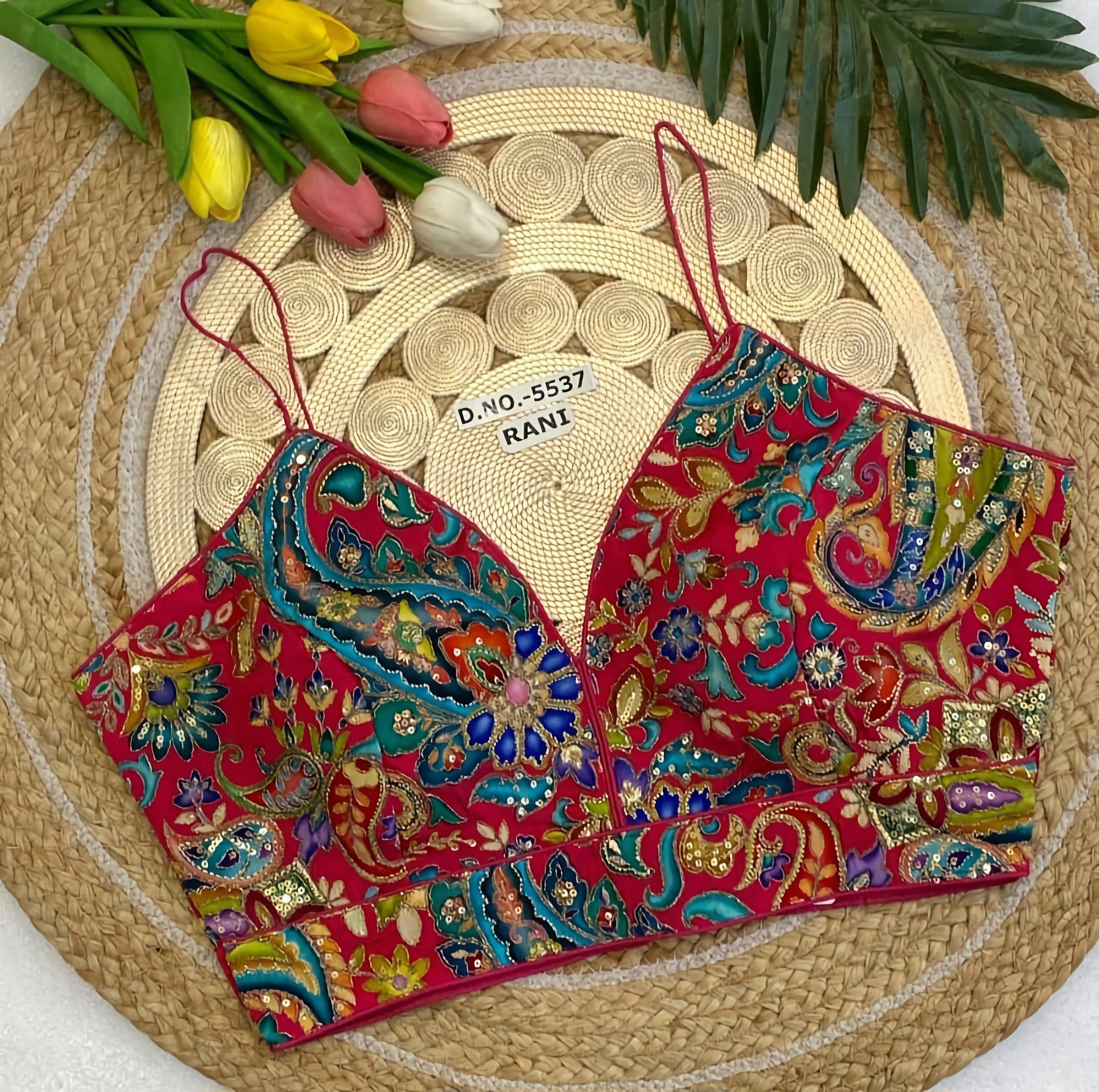 Natural Crepe Spaghetti Strap Saree Blouse | All Over Multicolor Floral Paisley Embroidered Readymade Blouse