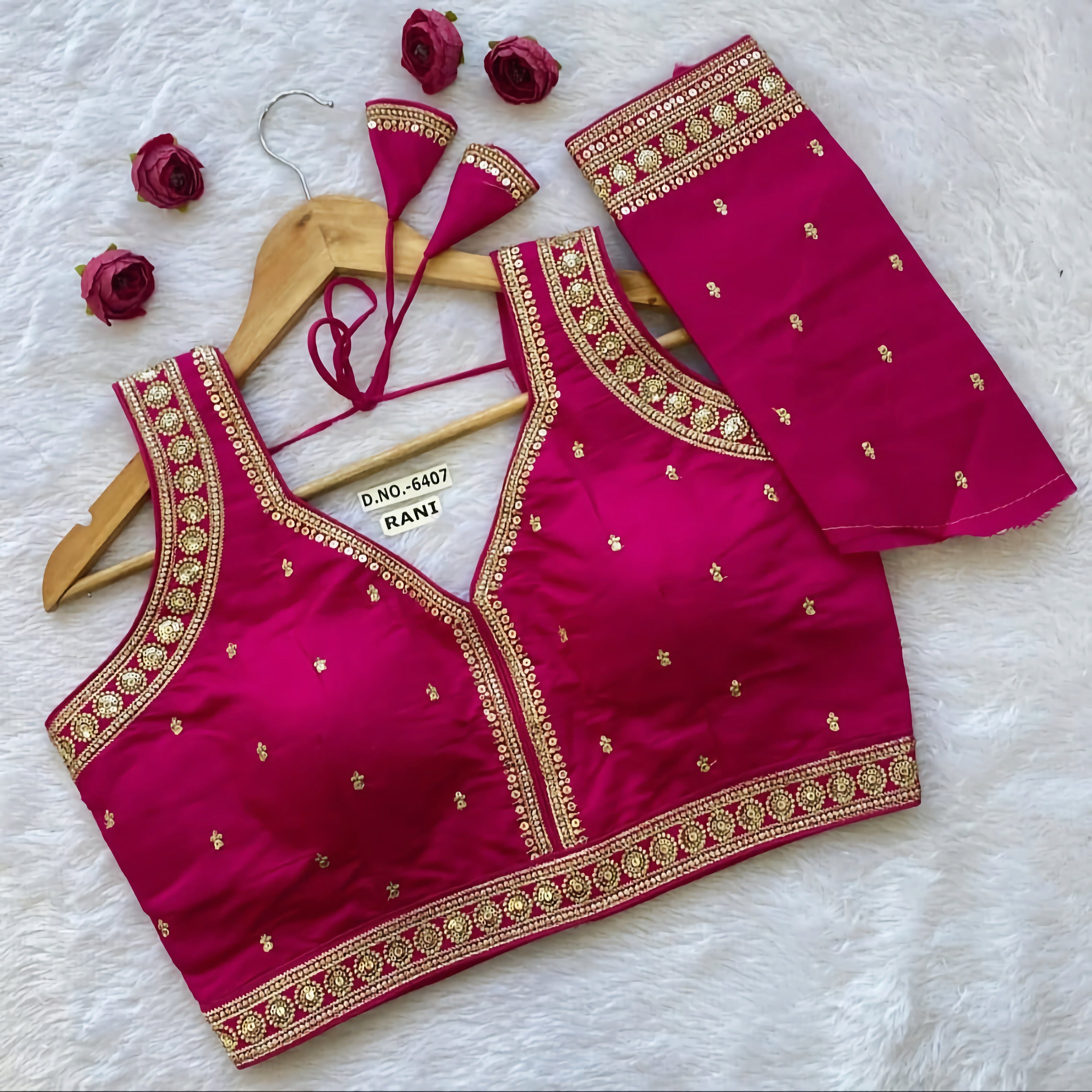 Slub Silk Saree Blouse | Gold Sequin Circular Medallion Border & Buti Work