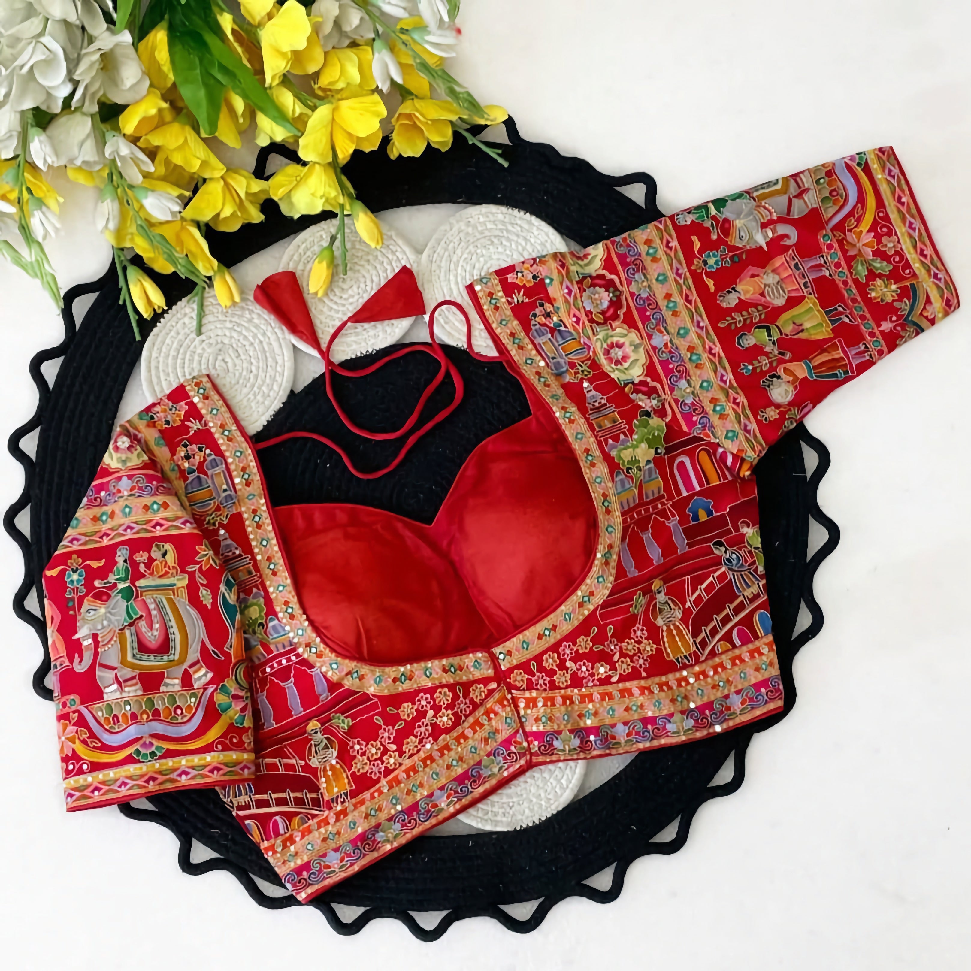Rajasthani Pichwai Narrative Art Saree Blouse | Royal Elephant Mughal Folk Print Bustier Readymade Blouse