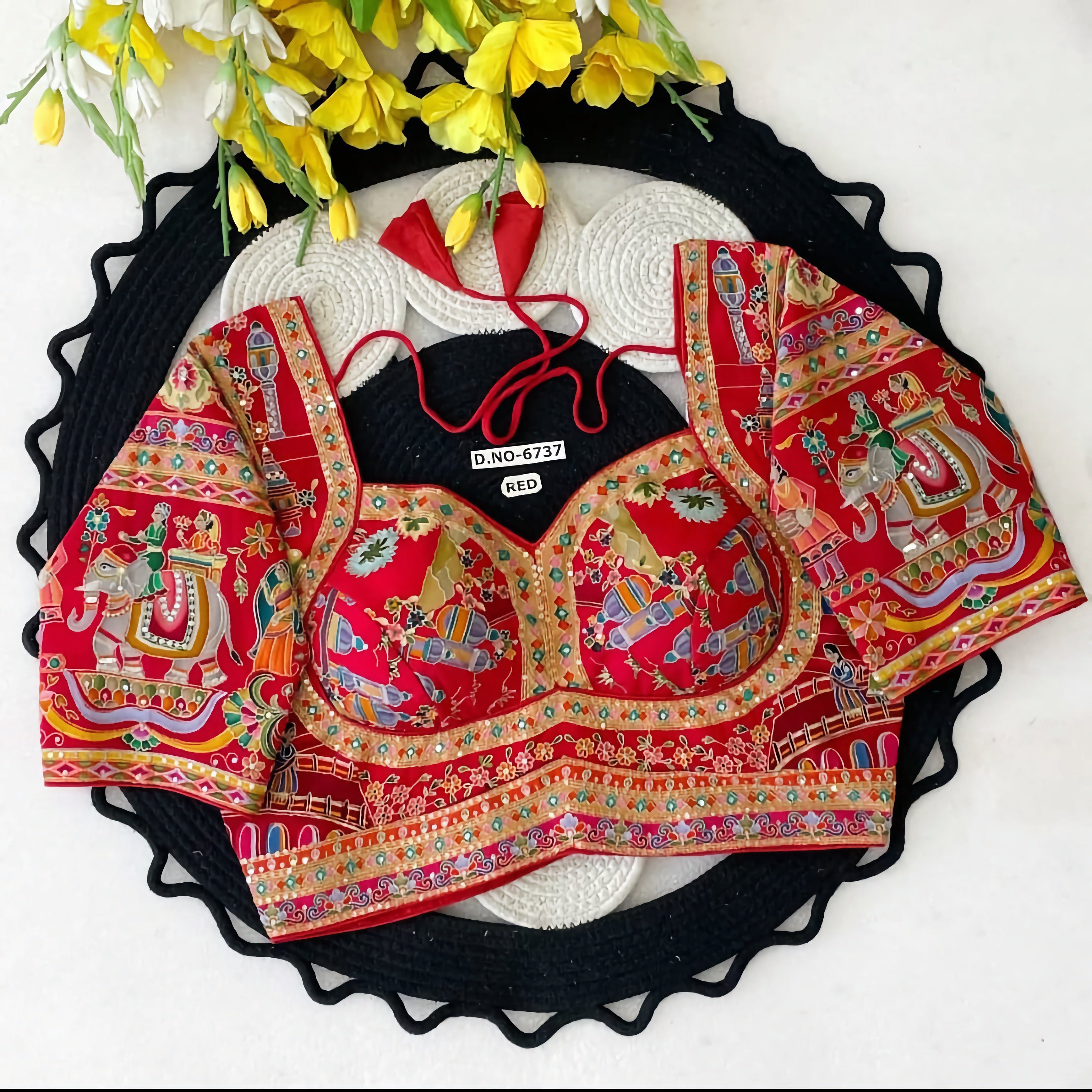 Rajasthani Pichwai Narrative Art Saree Blouse | Royal Elephant Mughal Folk Print Bustier Readymade Blouse