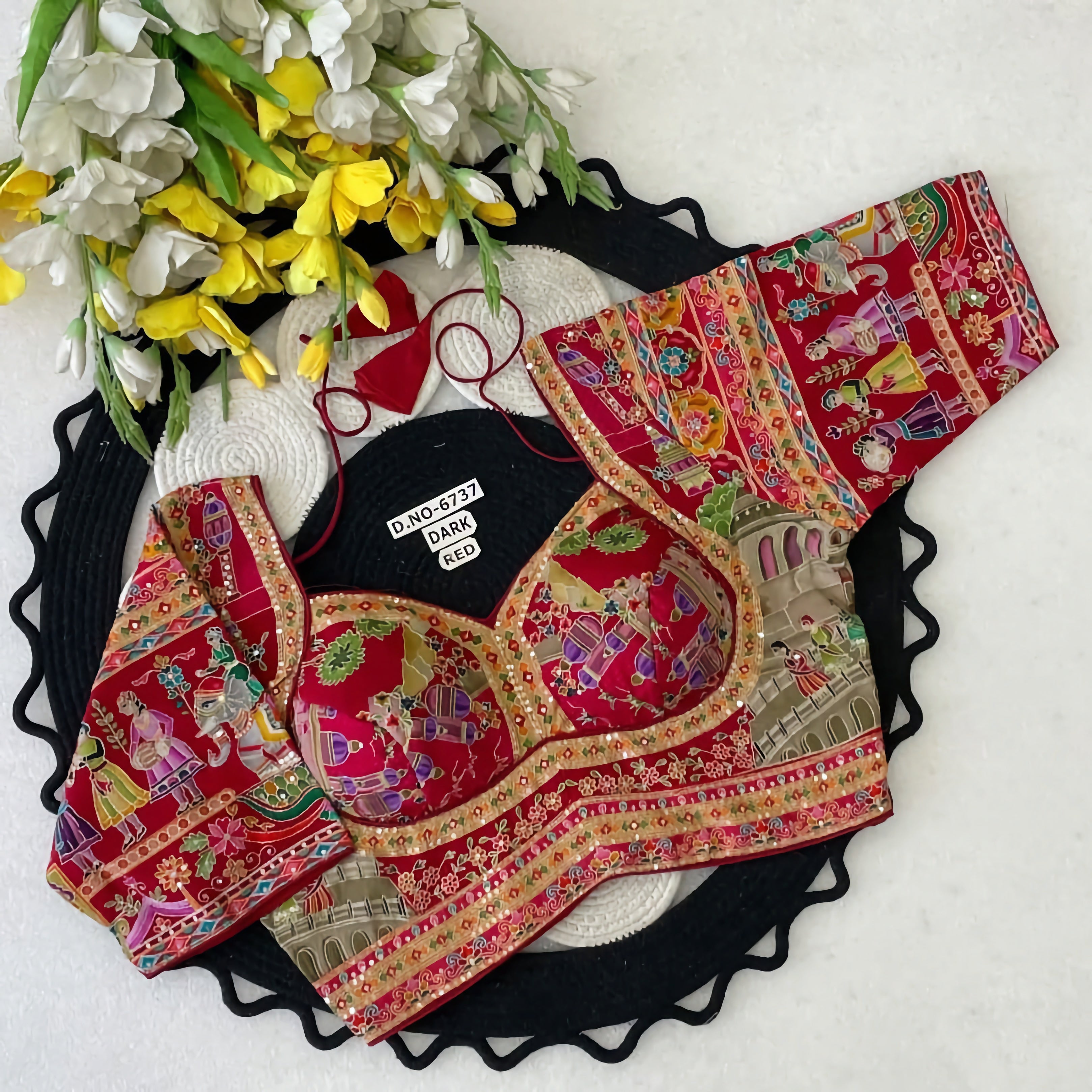Rajasthani Pichwai Narrative Art Saree Blouse | Royal Elephant Mughal Folk Print Bustier Readymade Blouse