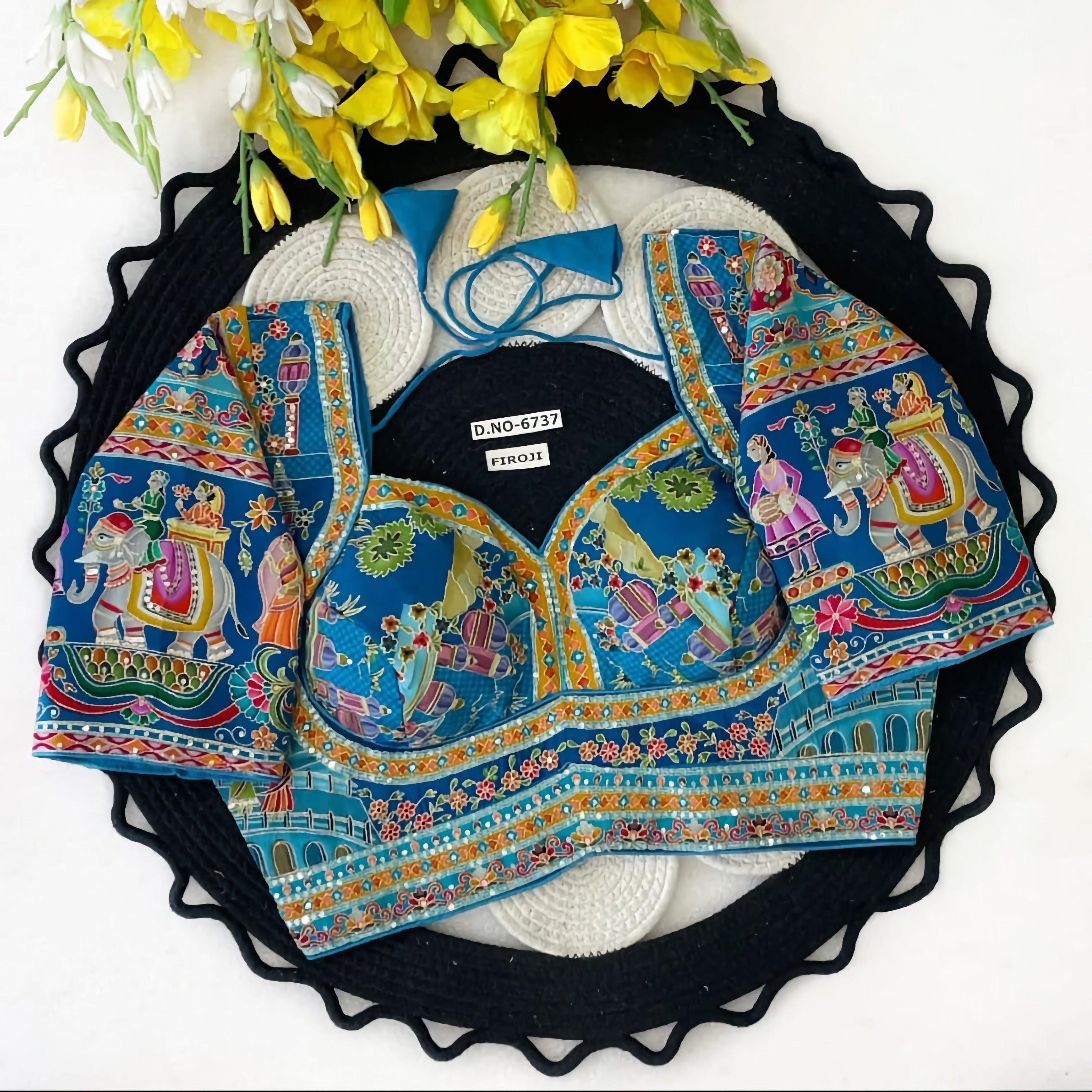 Rajasthani Pichwai Narrative Art Saree Blouse | Royal Elephant Mughal Folk Print Bustier Readymade Blouse